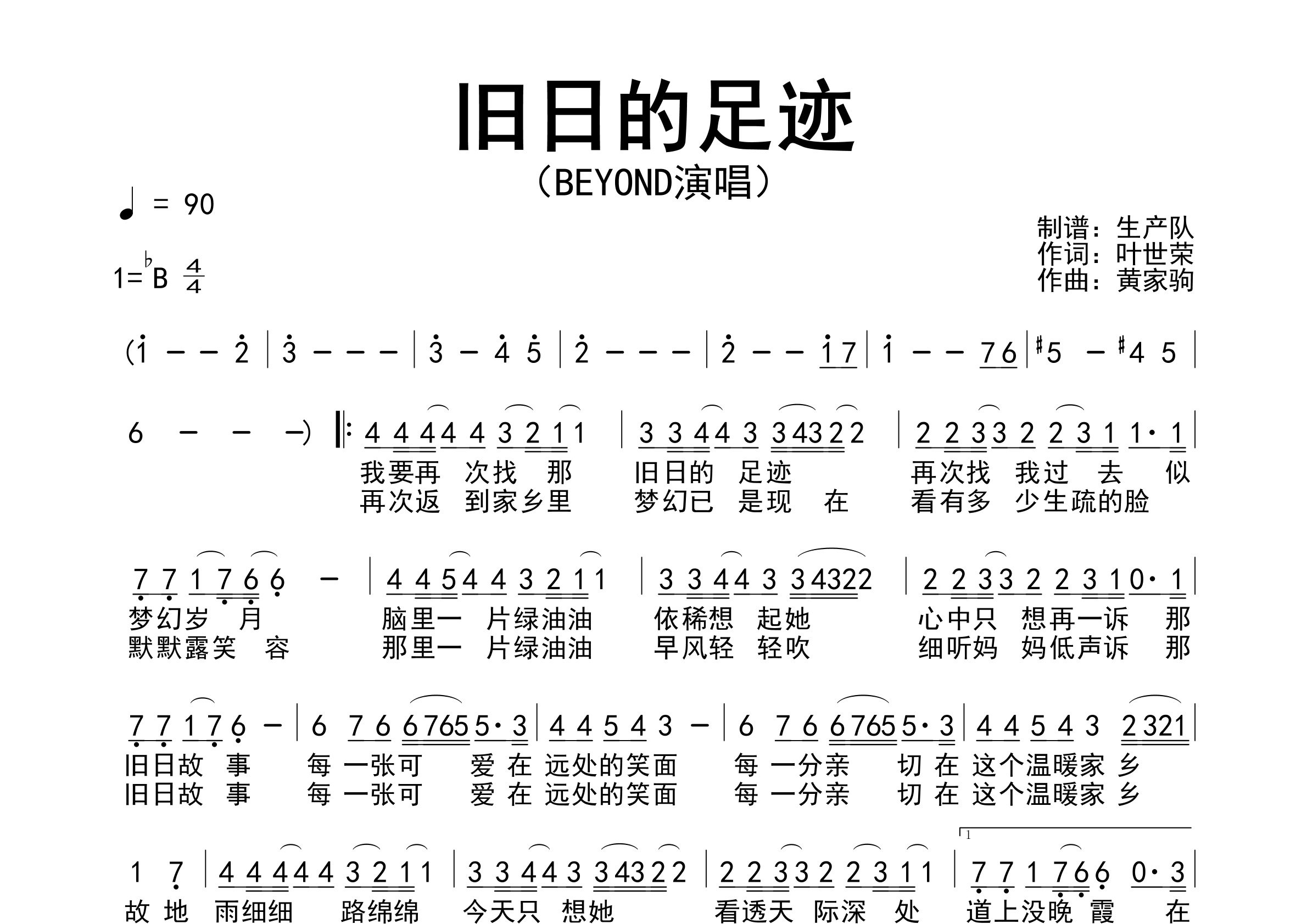 旧日的足迹简谱_Beyond_歌曲旋律简谱_生产队上传
