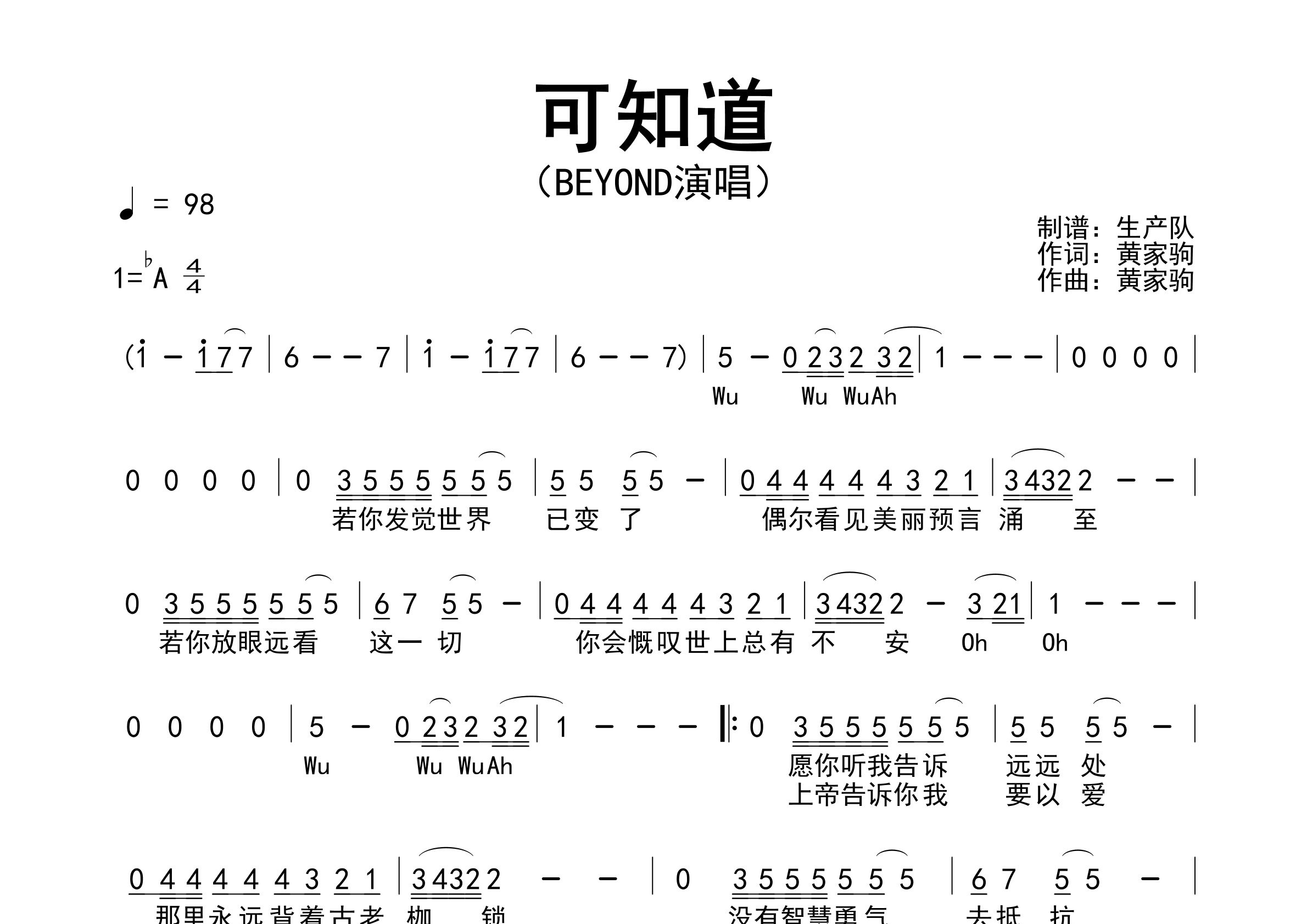 可知道简谱_Beyond_可知道歌曲旋律简谱_生产队上传