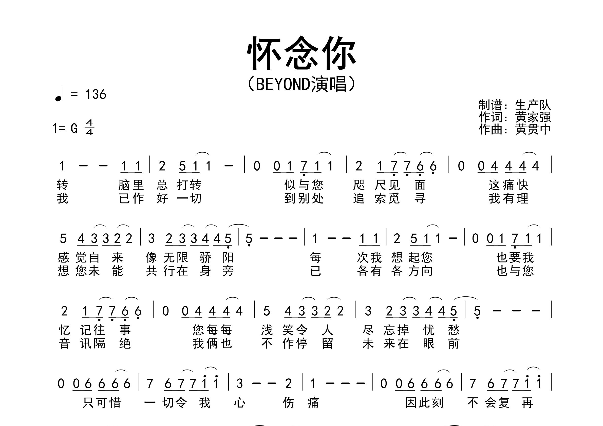 怀念你简谱_Beyond_怀念你歌曲旋律简谱_生产队上传