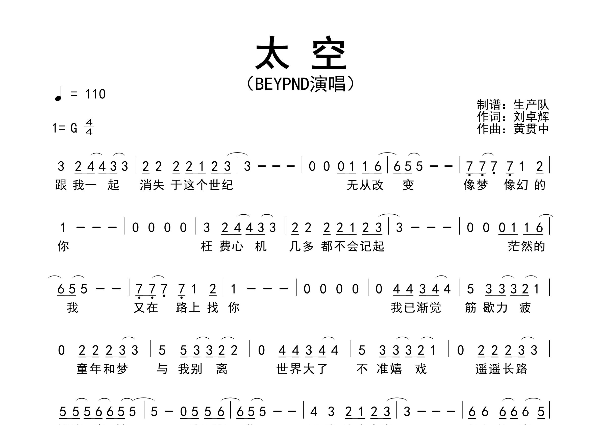 太空简谱_Beyond_太空歌曲旋律简谱_生产队上传