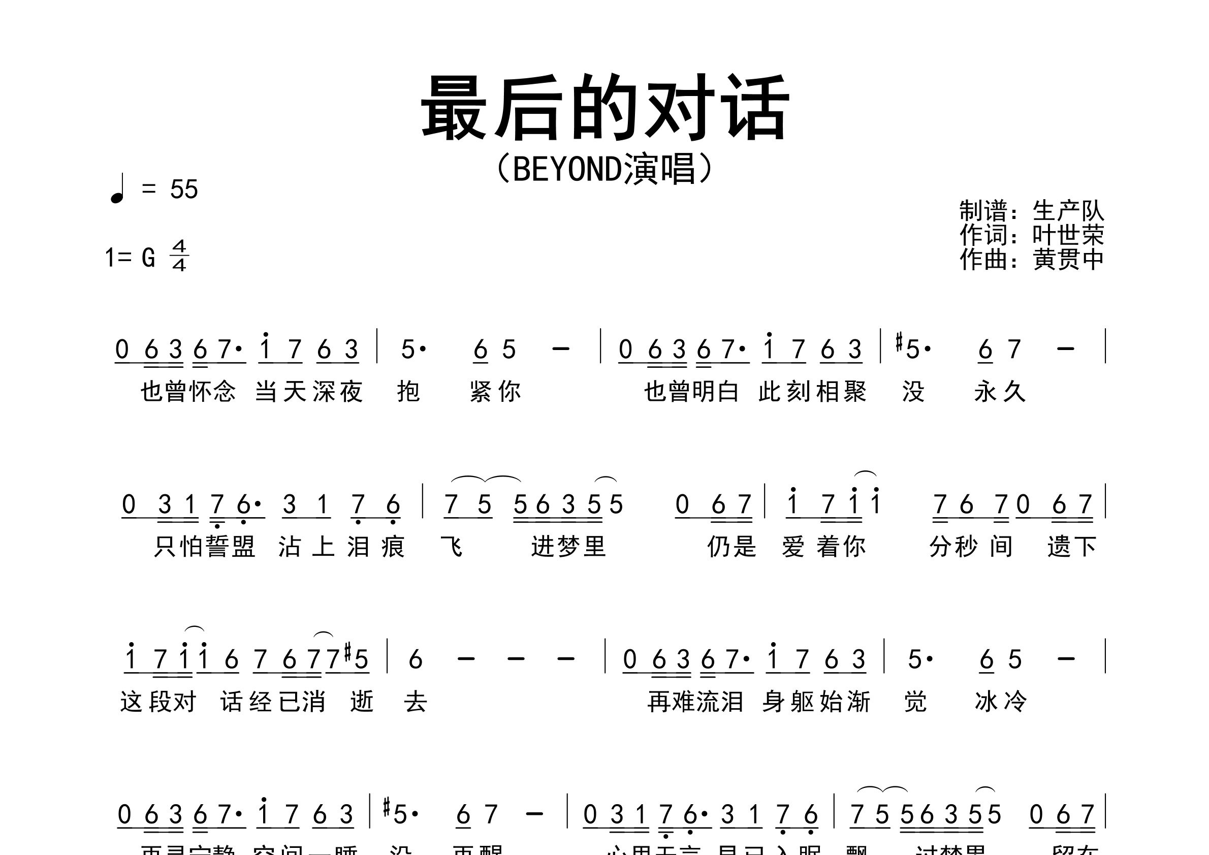 最后的对话简谱_Beyond_歌曲旋律简谱_生产队上传