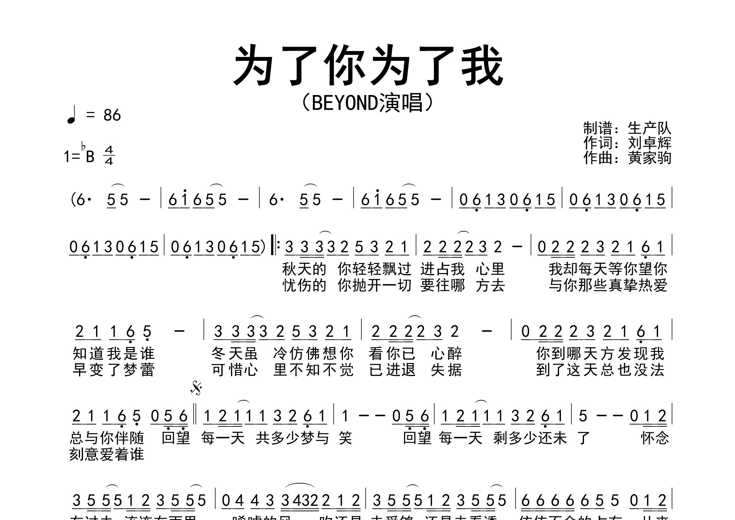 忘了你忘了我简谱_Beyond_歌曲旋律简谱_生产队上传