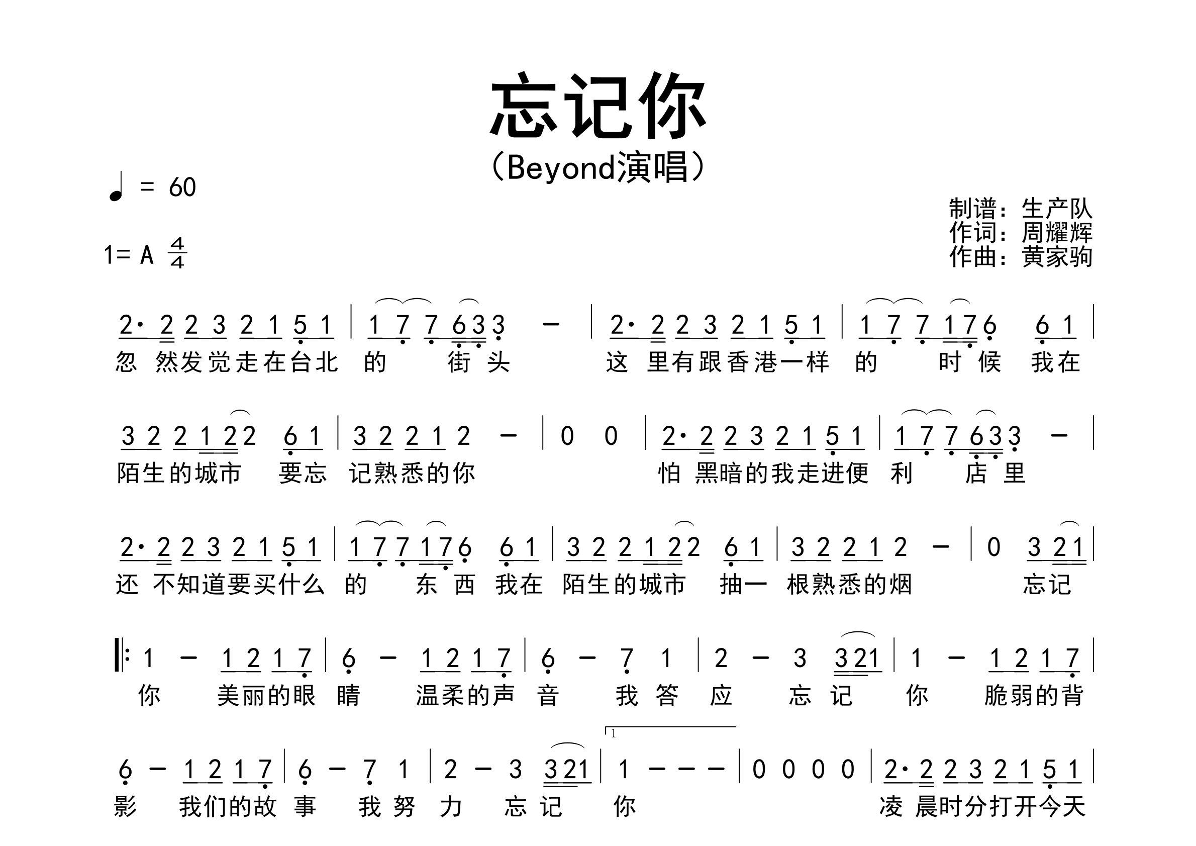 忘记你简谱_Beyond_忘记你歌曲旋律简谱_生产队上传