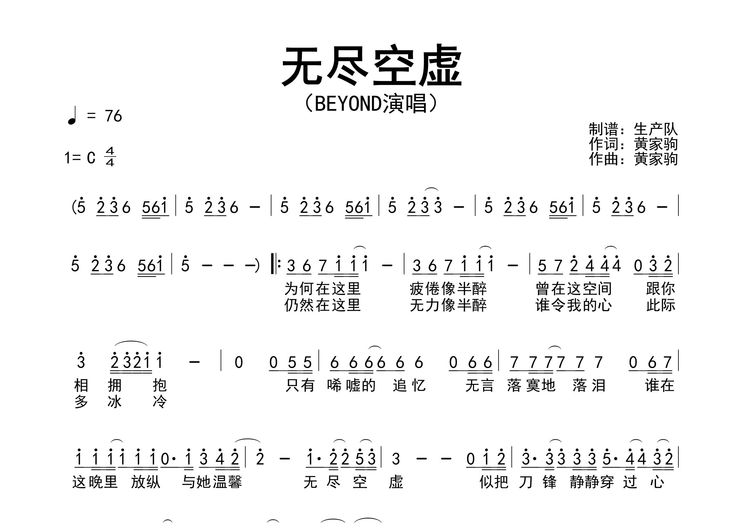 无尽空虚简谱_Beyond_歌曲旋律简谱_生产队上传