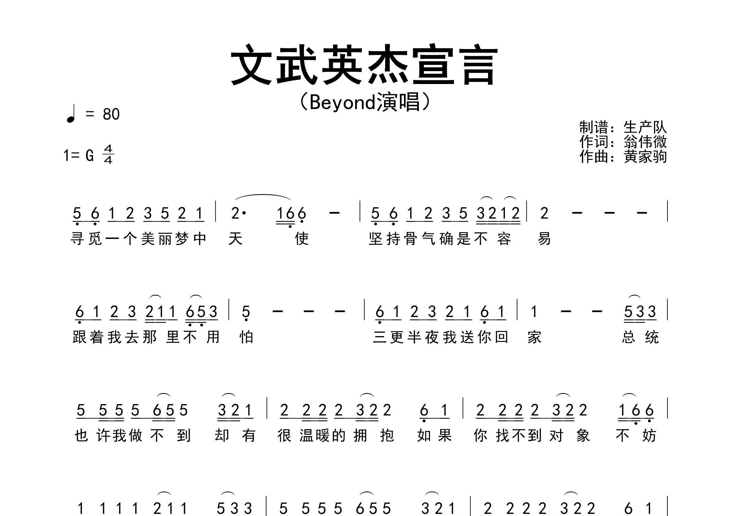 文武英杰宣言简谱_Beyond_歌曲旋律简谱_生产队上传