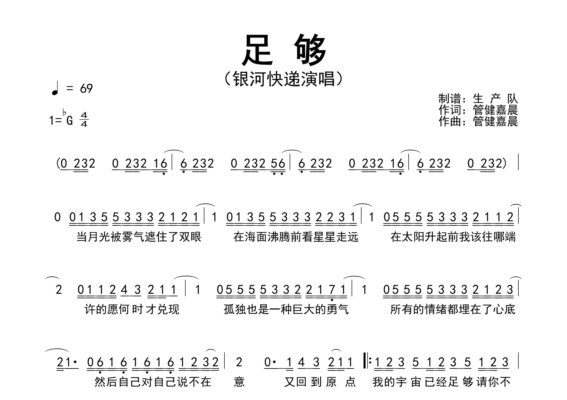 足够简谱_银河快递_足够歌曲旋律简谱_生产队上传