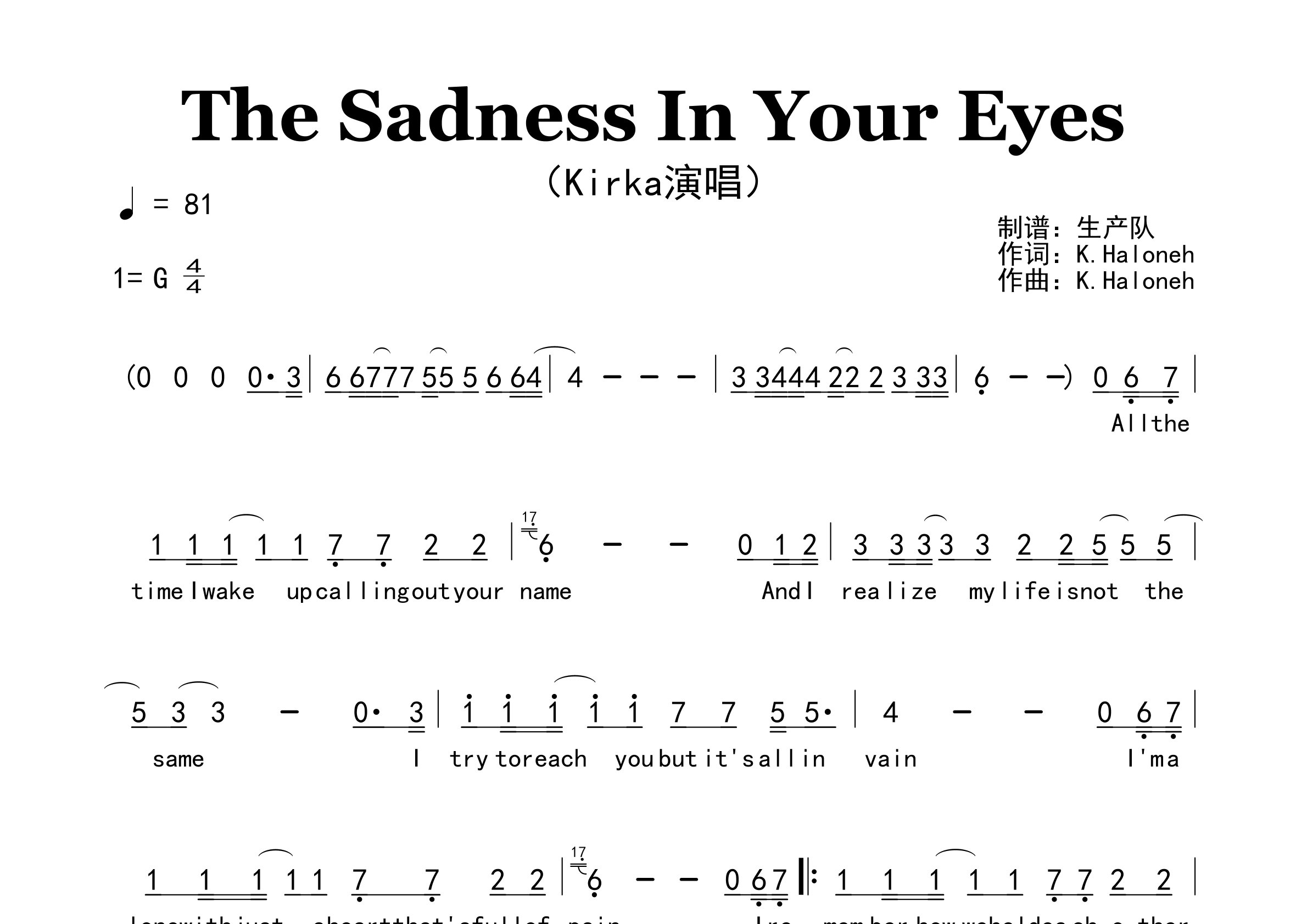 The Sadness In Your Eyes简谱_Kirka_歌曲旋律简谱
