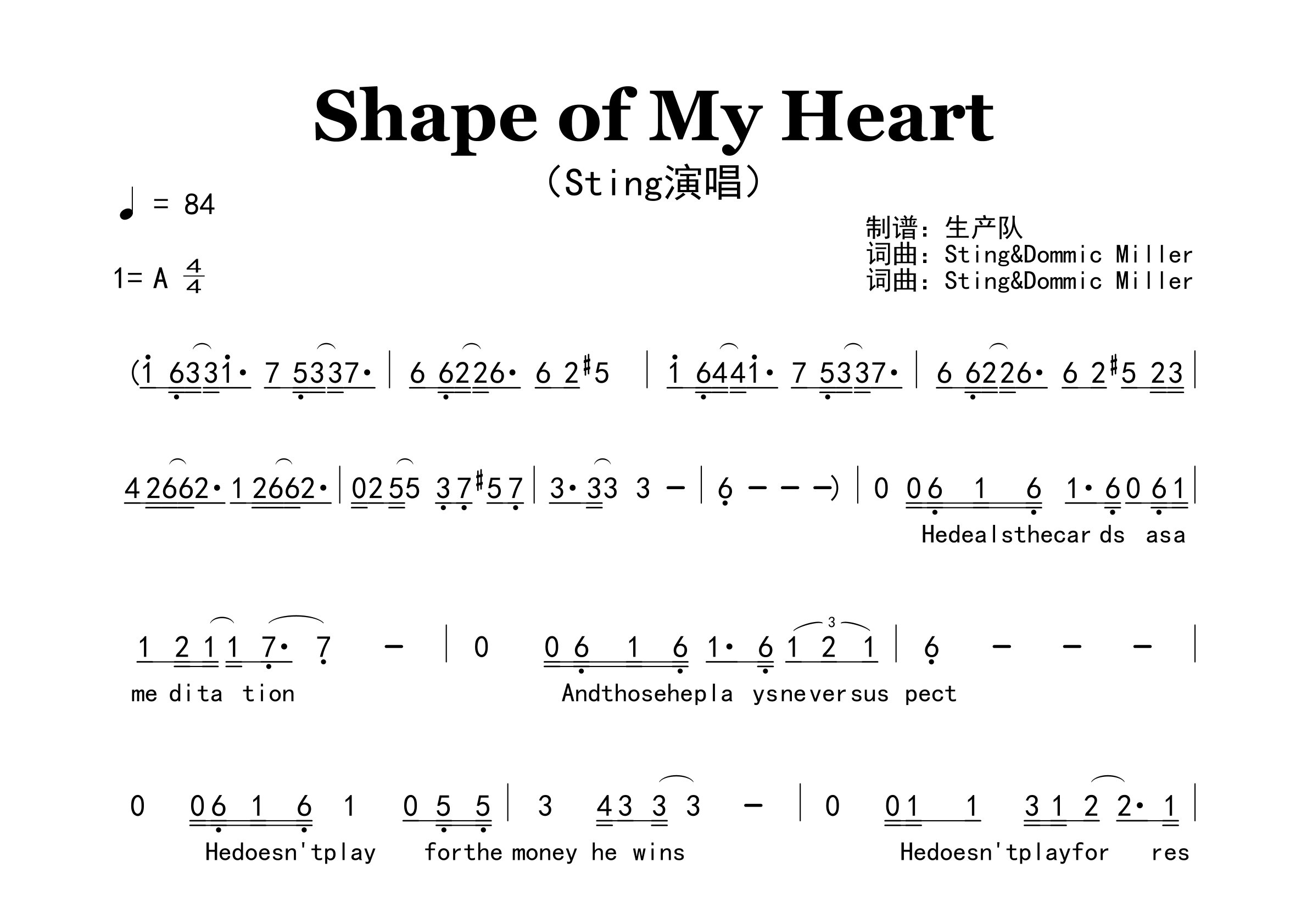 Shape of My Heart简谱_Sting_歌曲旋律简谱_生产队上传