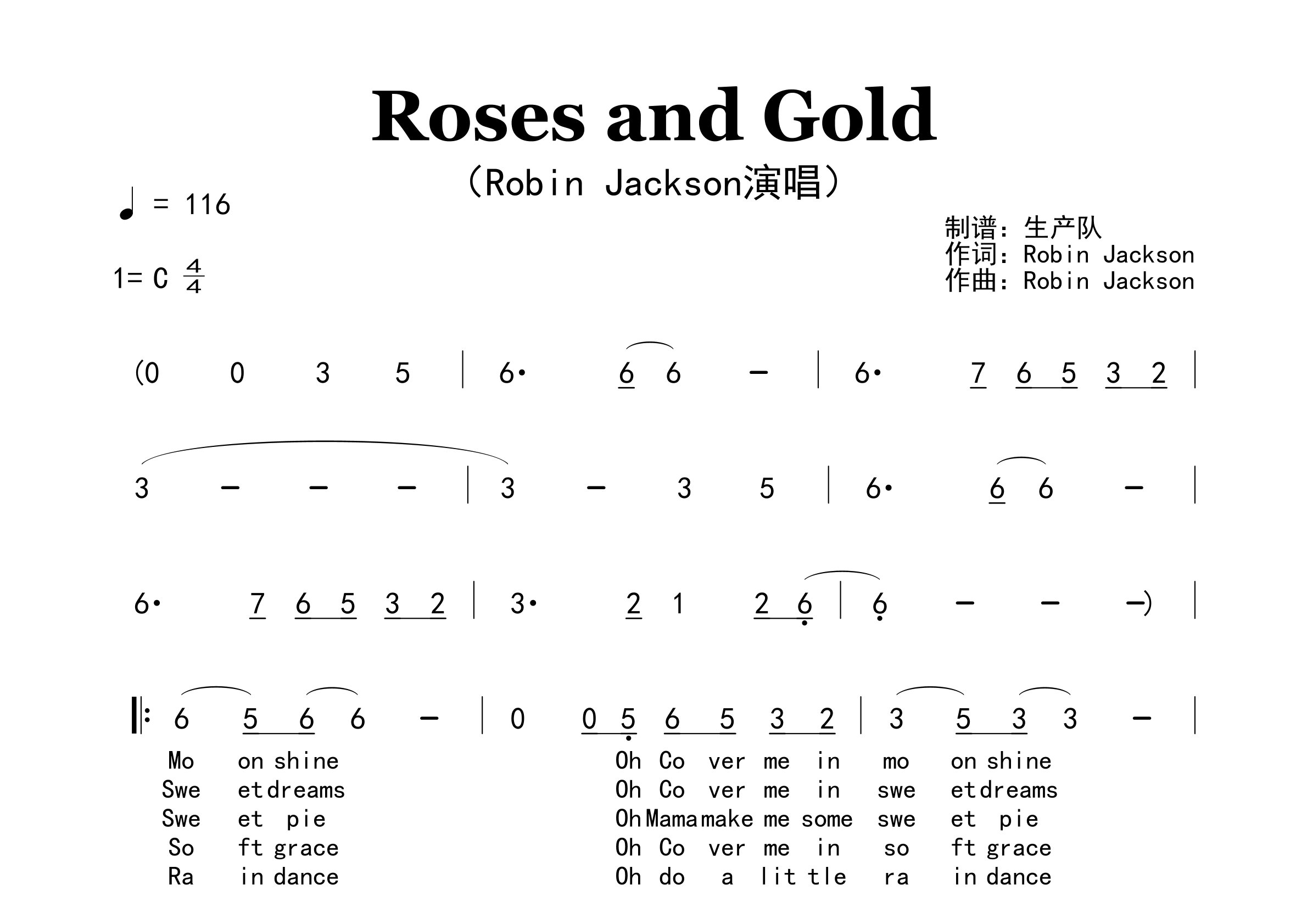 Roses and Gold简谱_Robin Jackson_歌曲旋律简谱