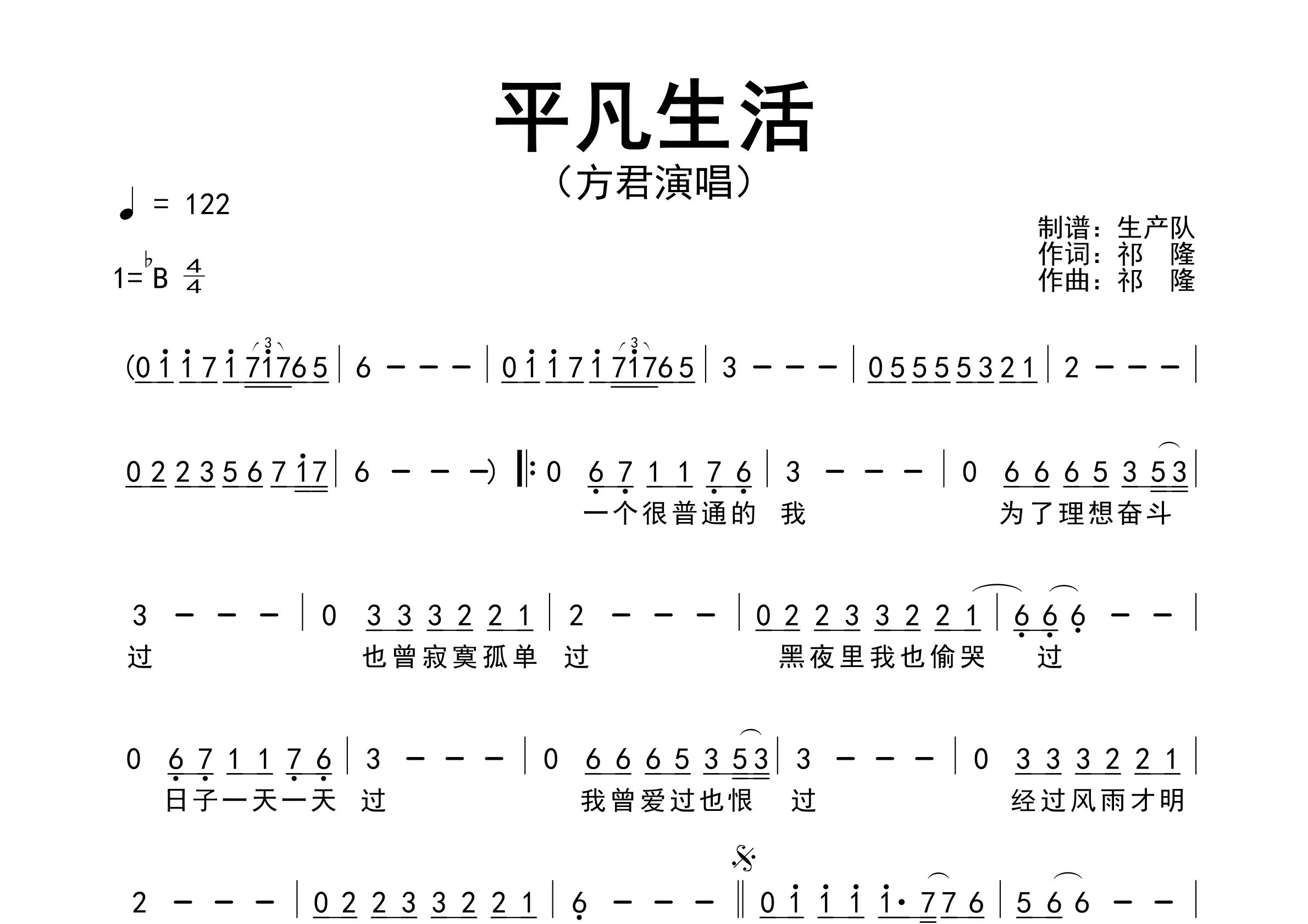 平凡生活简谱_方君_平凡生活歌曲旋律简谱_生产队上传