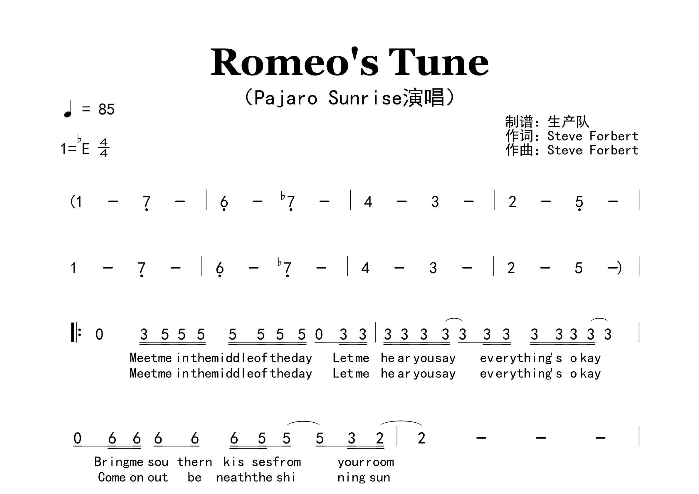 Romeo's Tune简谱_Pajaro Sunrise_歌曲简谱_生产队上传