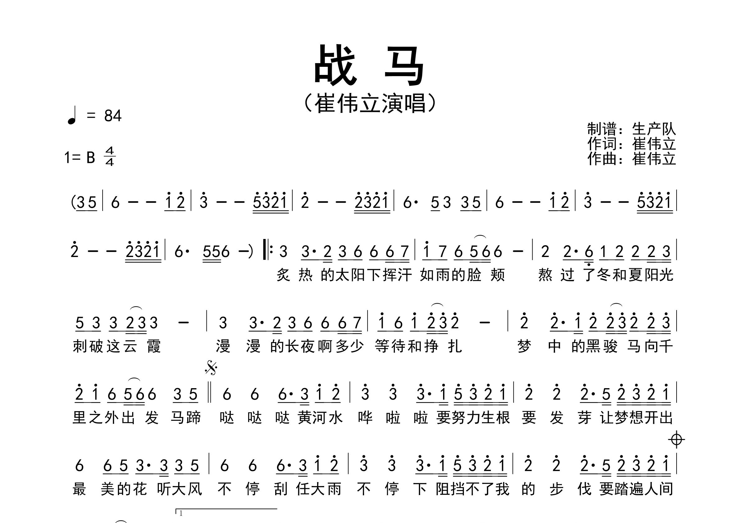 战马简谱_崔伟立_战马歌曲旋律简谱_生产队上传