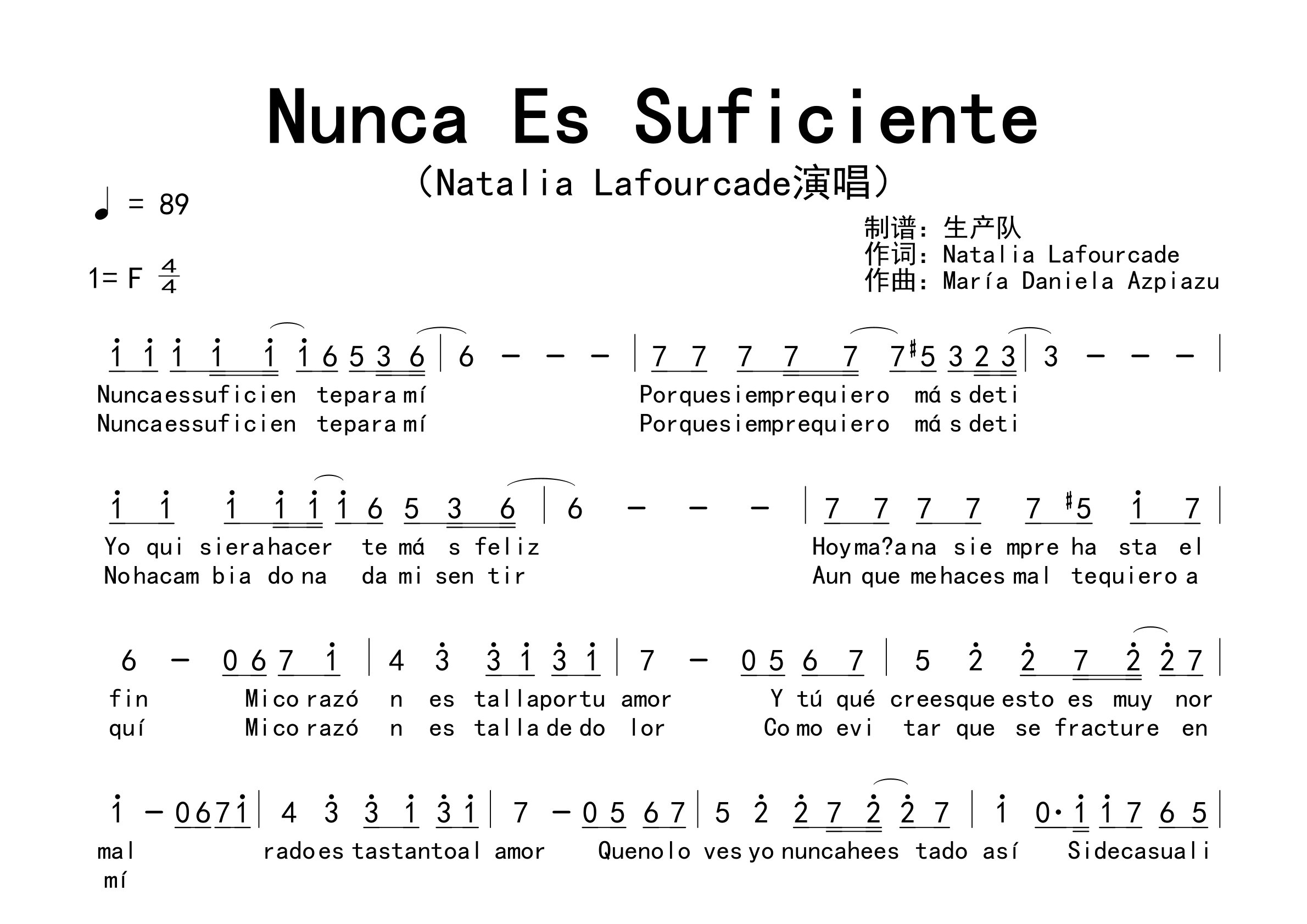 Nunca Es Suficiente简谱_Natalia LaFourcade_歌曲简谱