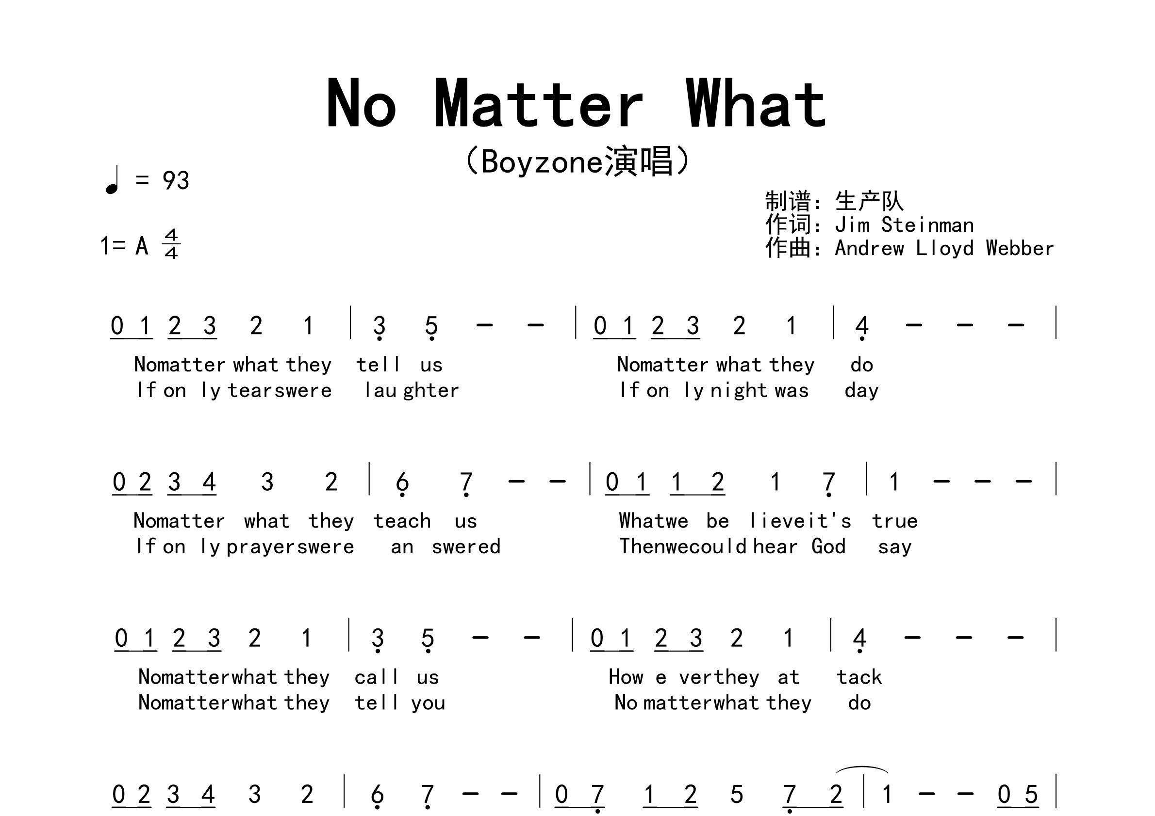 No Matter What简谱_Boyzone_歌曲旋律简谱_生产队上传