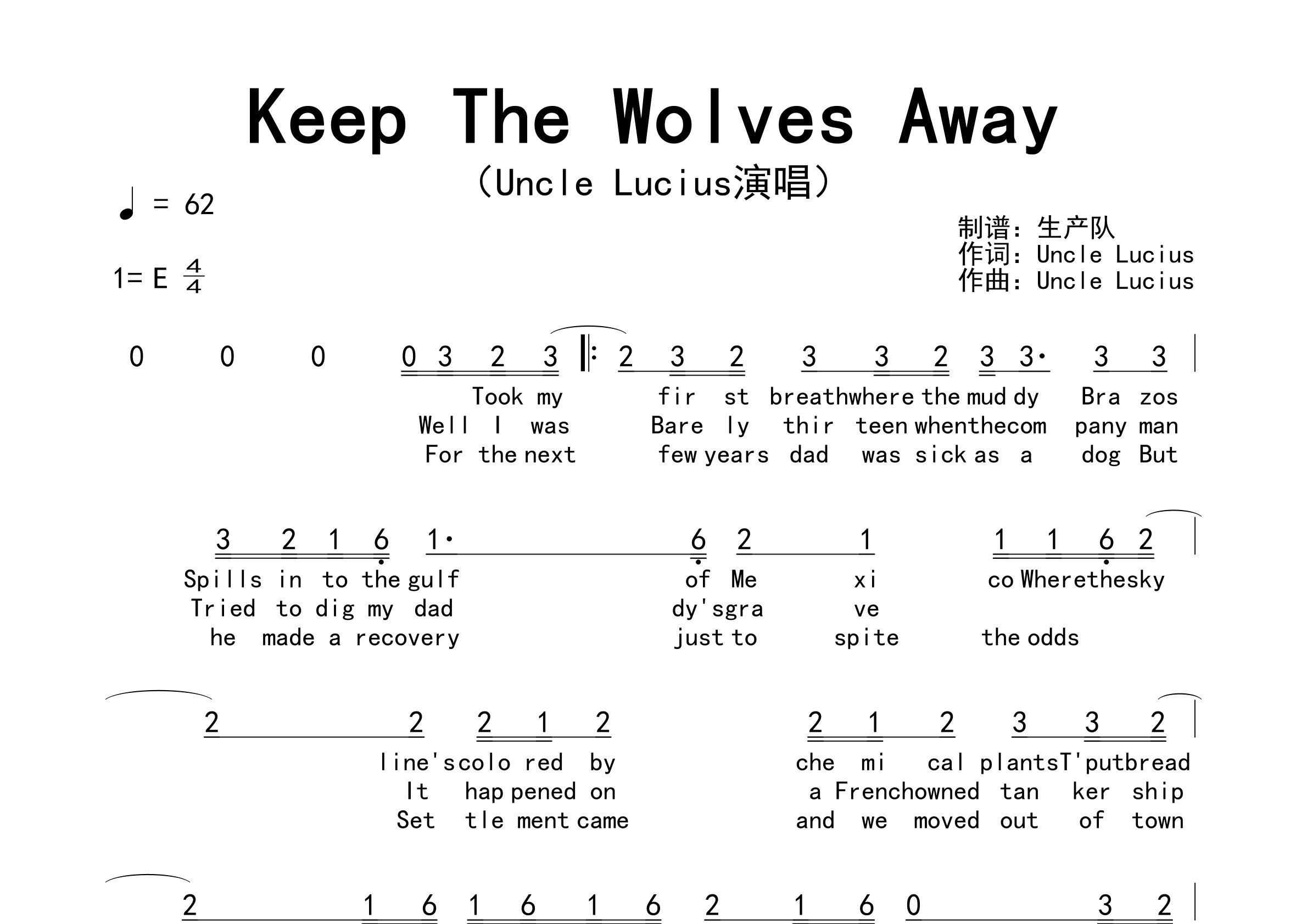 Keep The Wolves Away简谱_Uncle Lucius_歌曲旋律简谱
