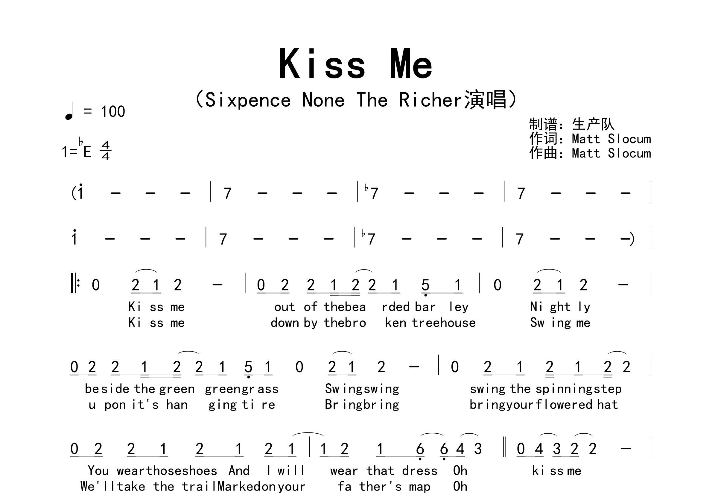 Kiss Me简谱_Sixpence None the Richer_歌曲旋律简谱