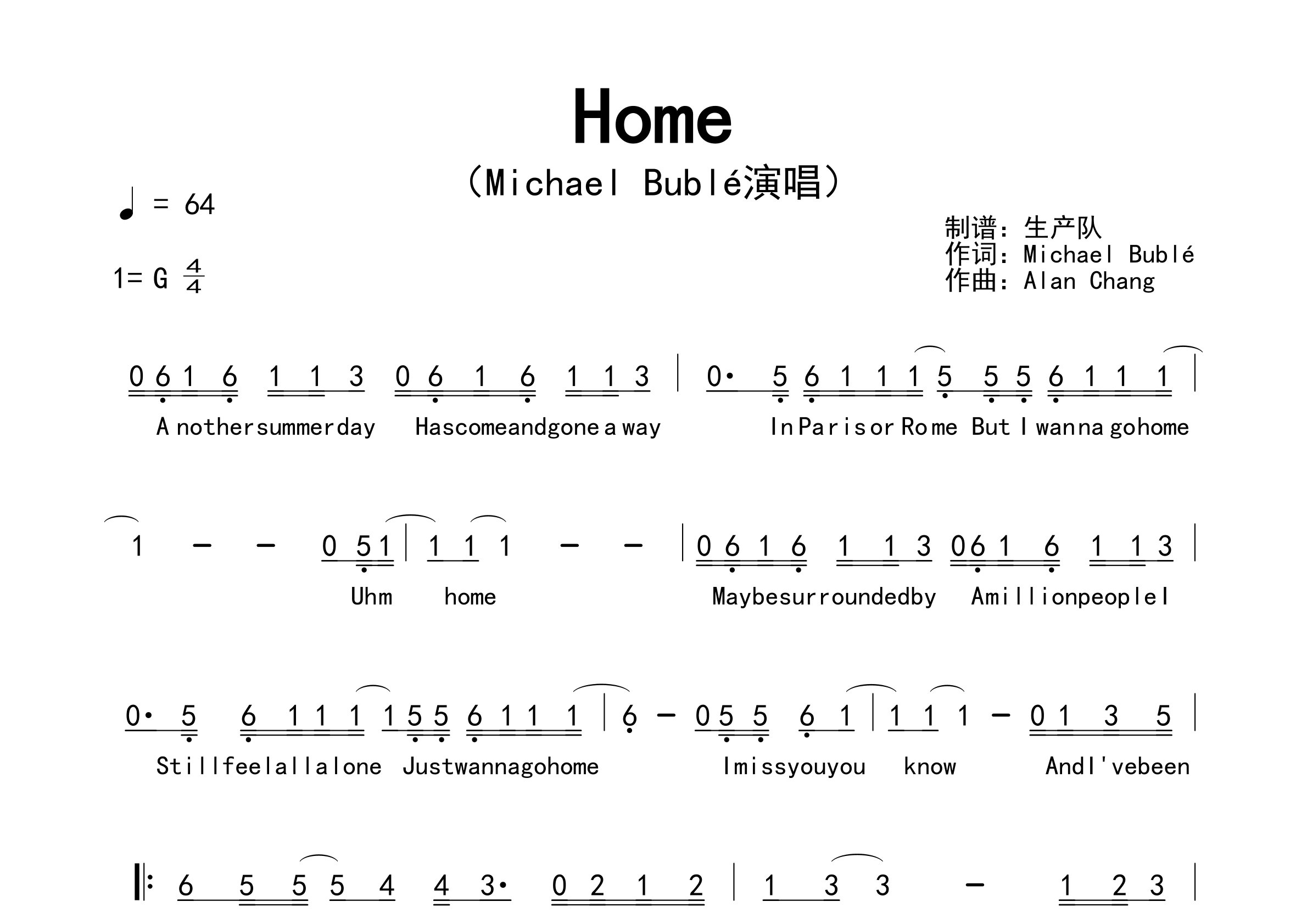 Home简谱_Michael Bublé_歌曲旋律简谱_生产队上传