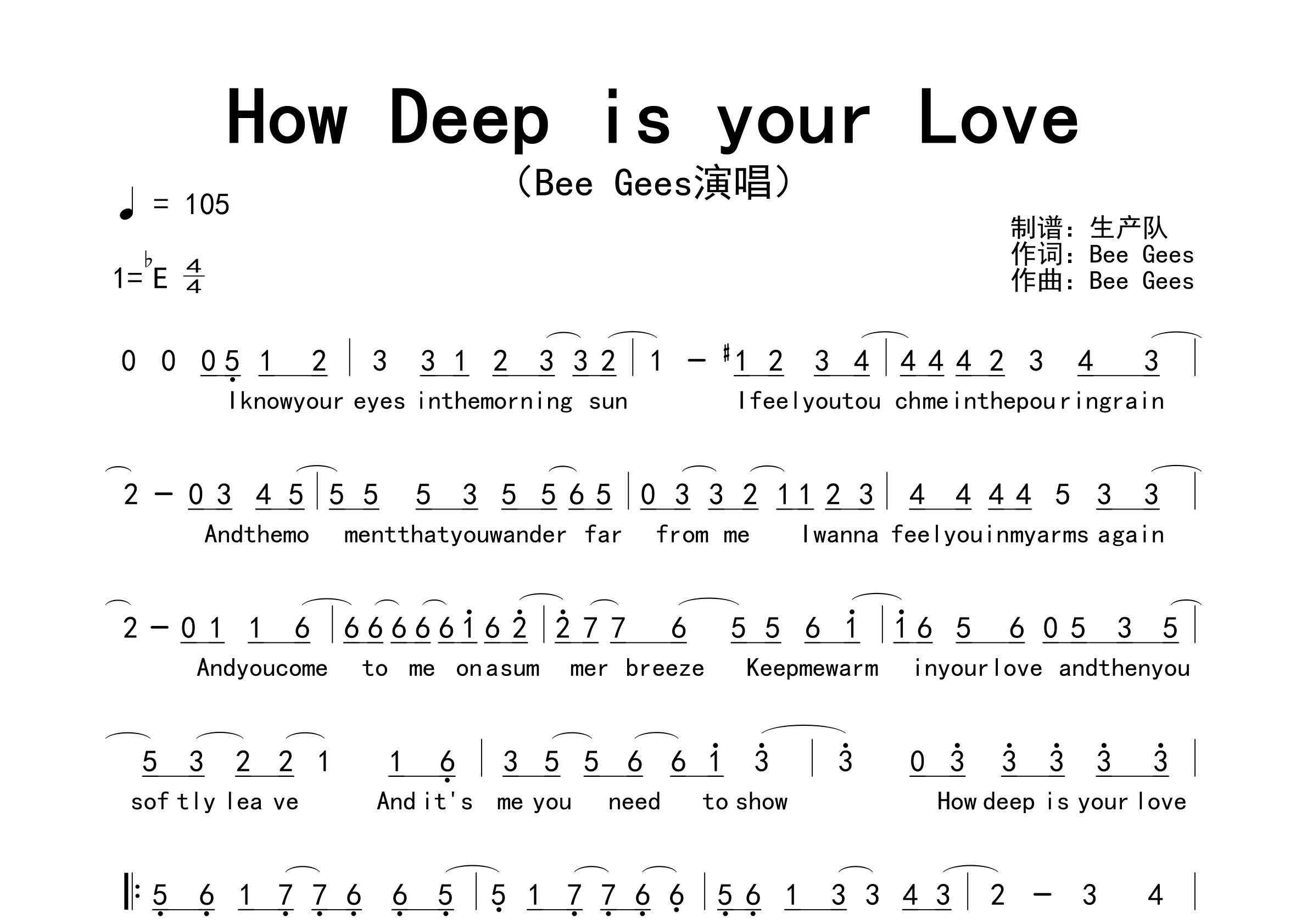 How Deep is your Love简谱_Bee Gees_歌曲旋律简谱