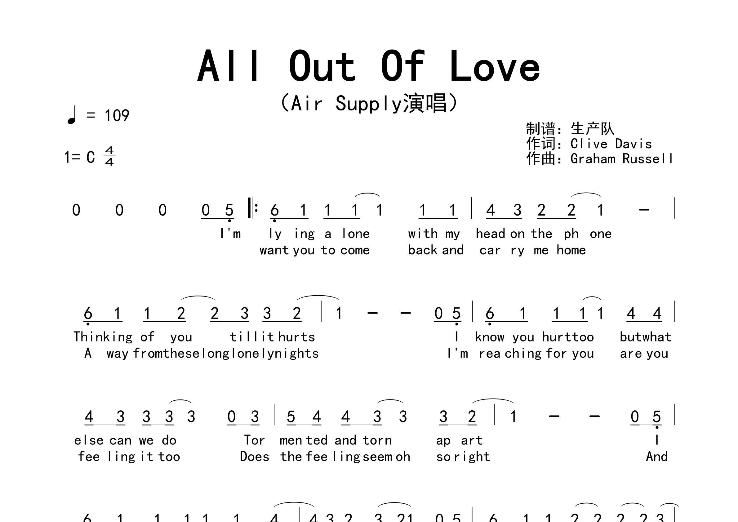 All Out Of Love简谱_Air Supply_歌曲简谱_生产队上传