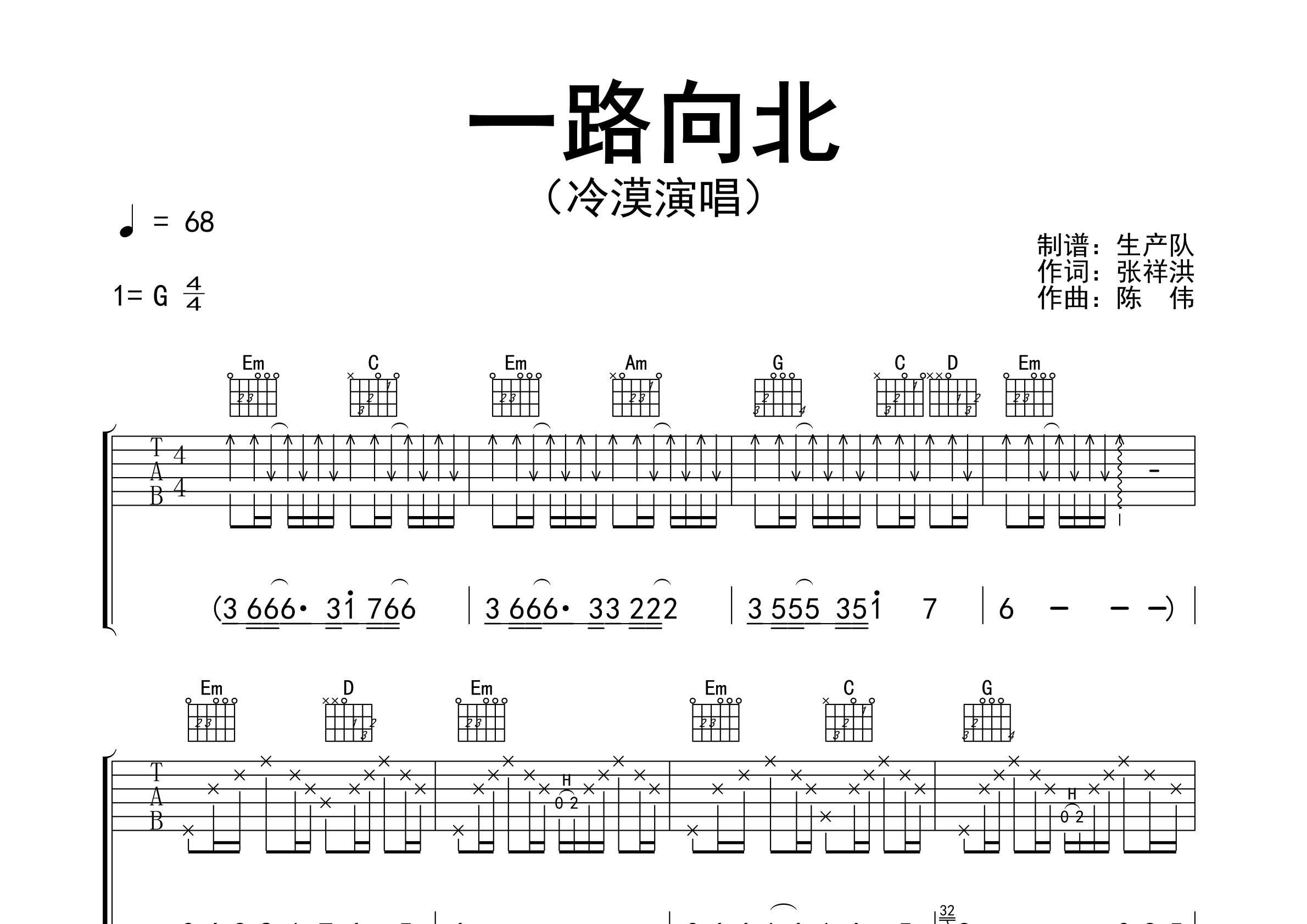 一路向北吉他谱_冷漠_G调弹唱六线谱_生产队上传
