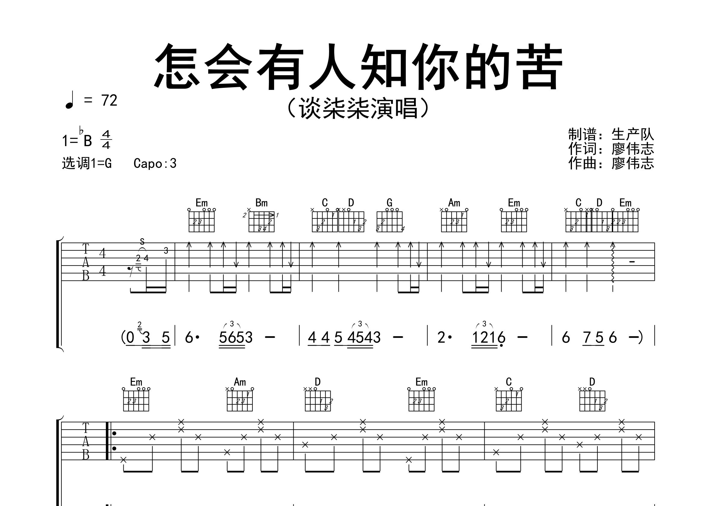 怎会有人知你的苦吉他谱_谈柒柒_G调弹唱六线谱_生产队上传