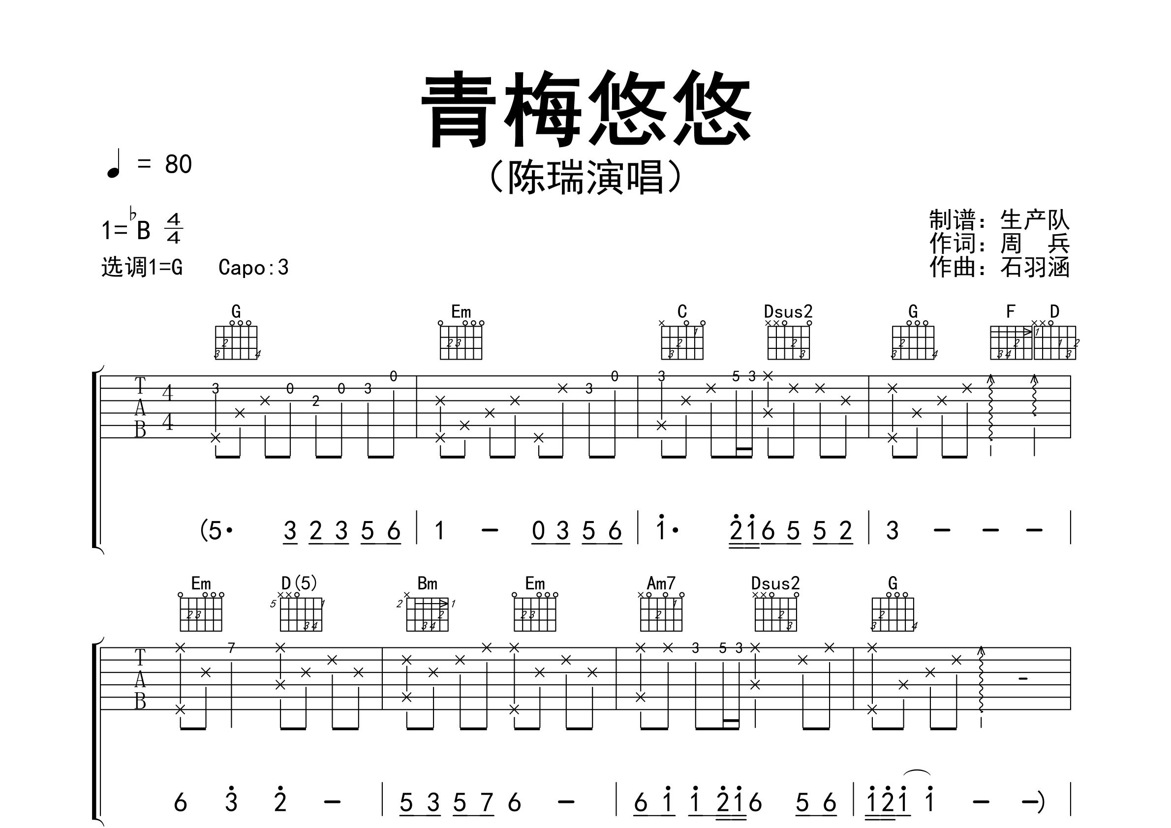 青梅悠悠吉他谱_陈瑞_G调弹唱六线谱_生产队上传