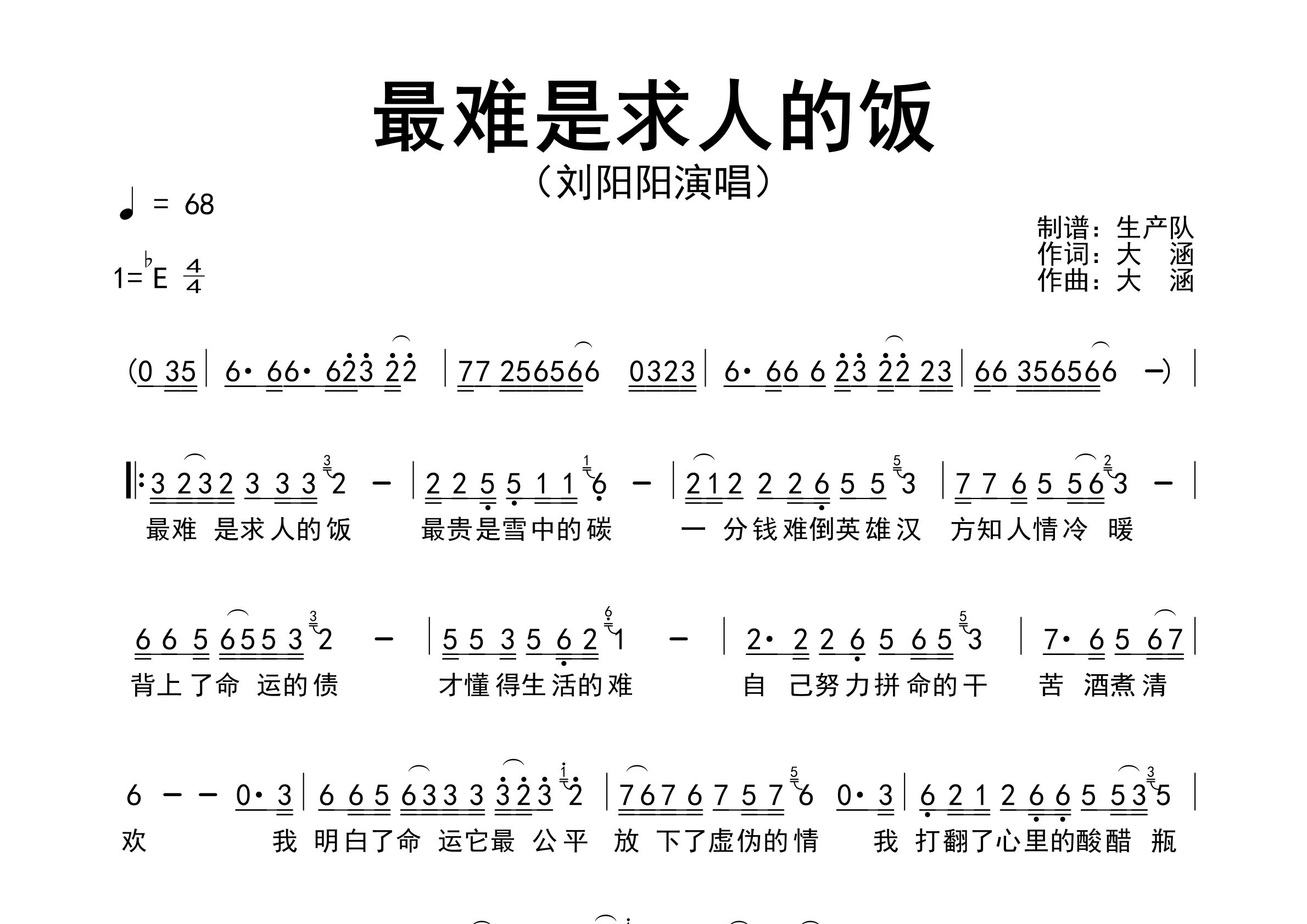 最难是求人的饭简谱_刘阳阳_歌曲简谱_生产队上传