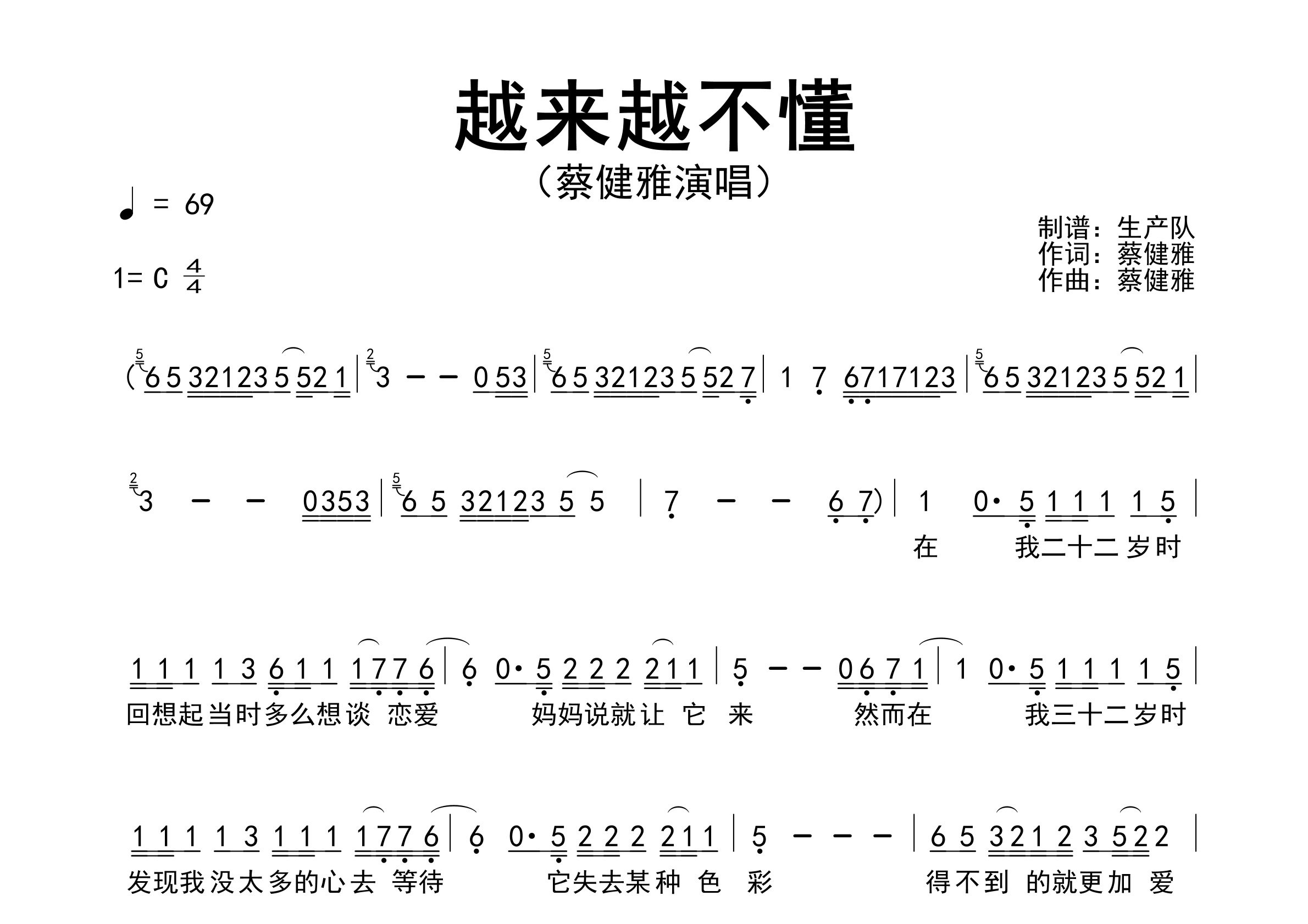 越来越不懂简谱_蔡健雅_歌曲简谱_生产队上传