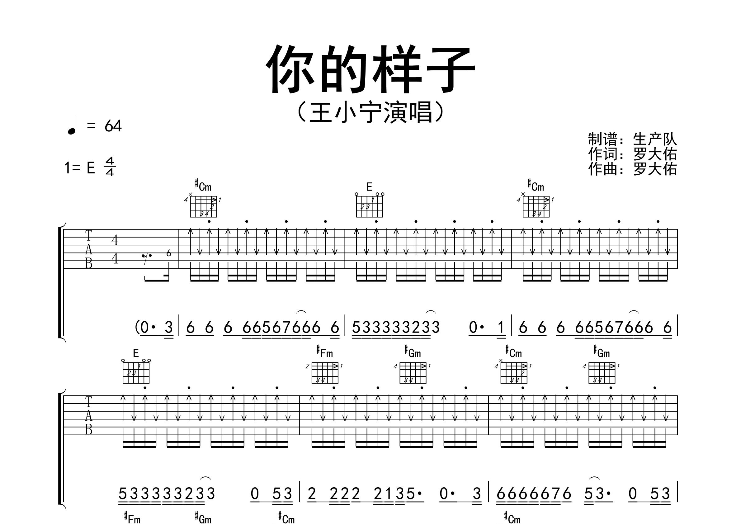 你的样子吉他谱_王小宁_E调DJ版弹唱六线谱_生产队上传