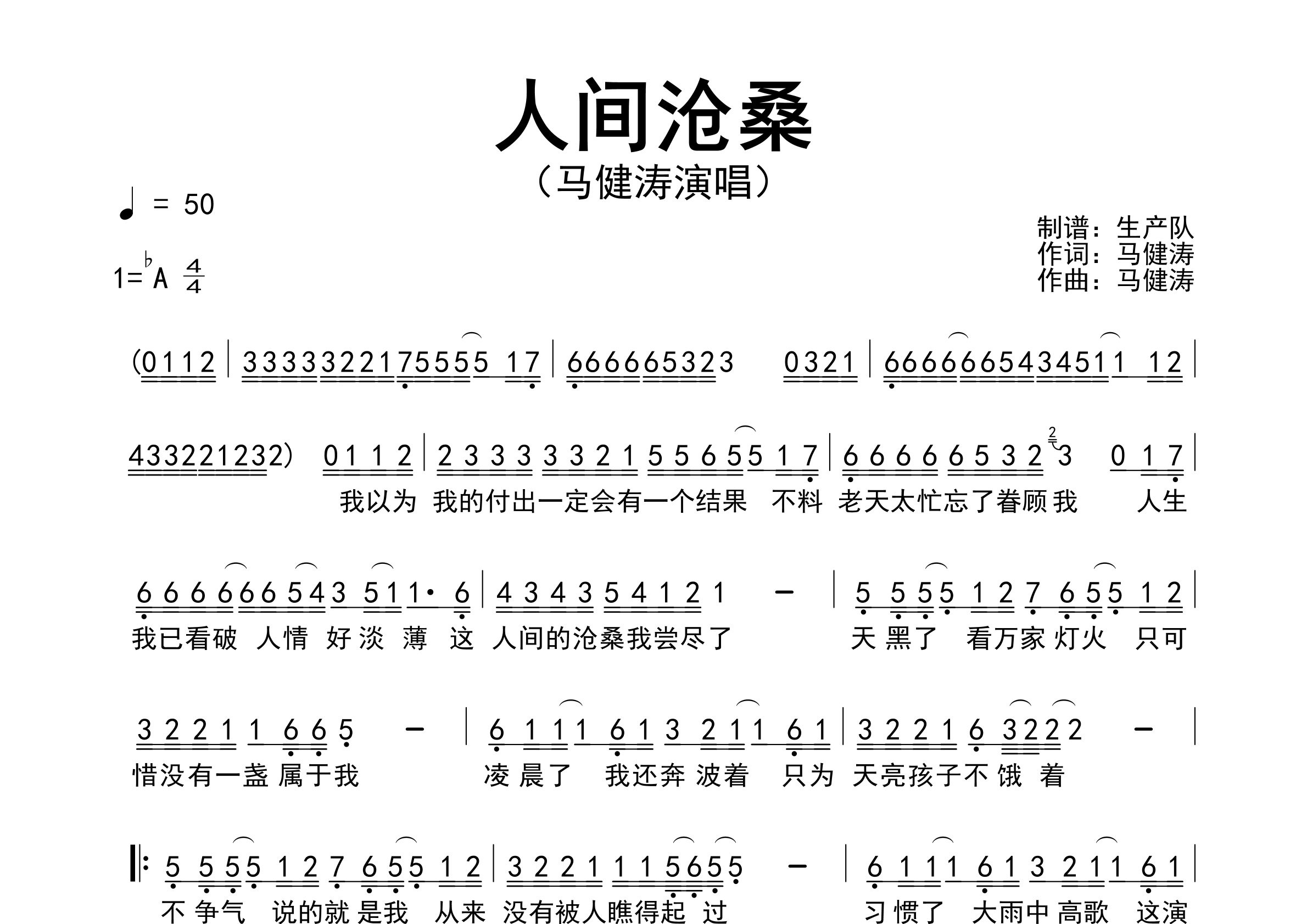 人间沧桑简谱_马健涛_歌曲旋律简谱_生产队上传