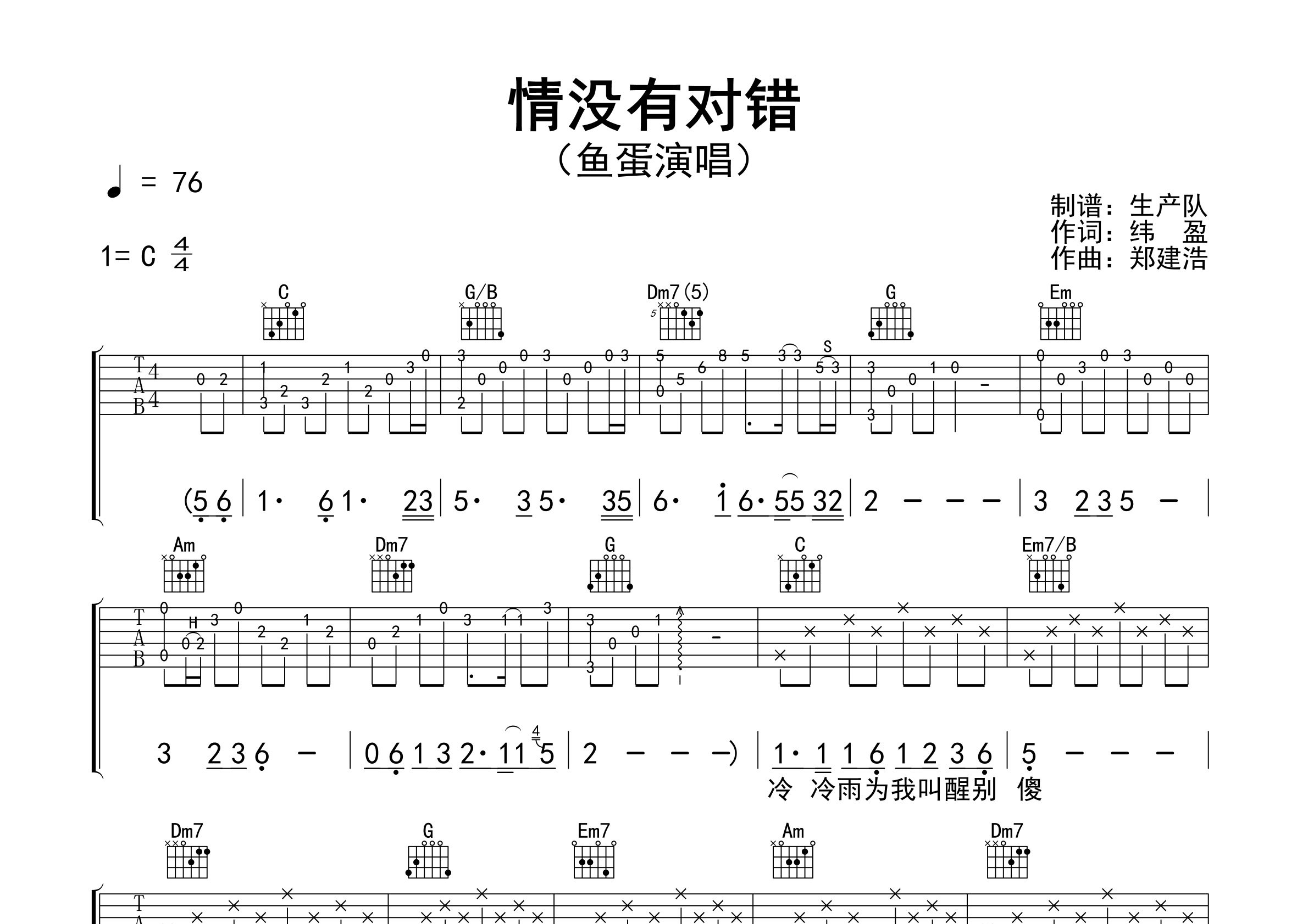 情没有对错吉他谱_鱼蛋_C调弹唱六线谱_生产队上传