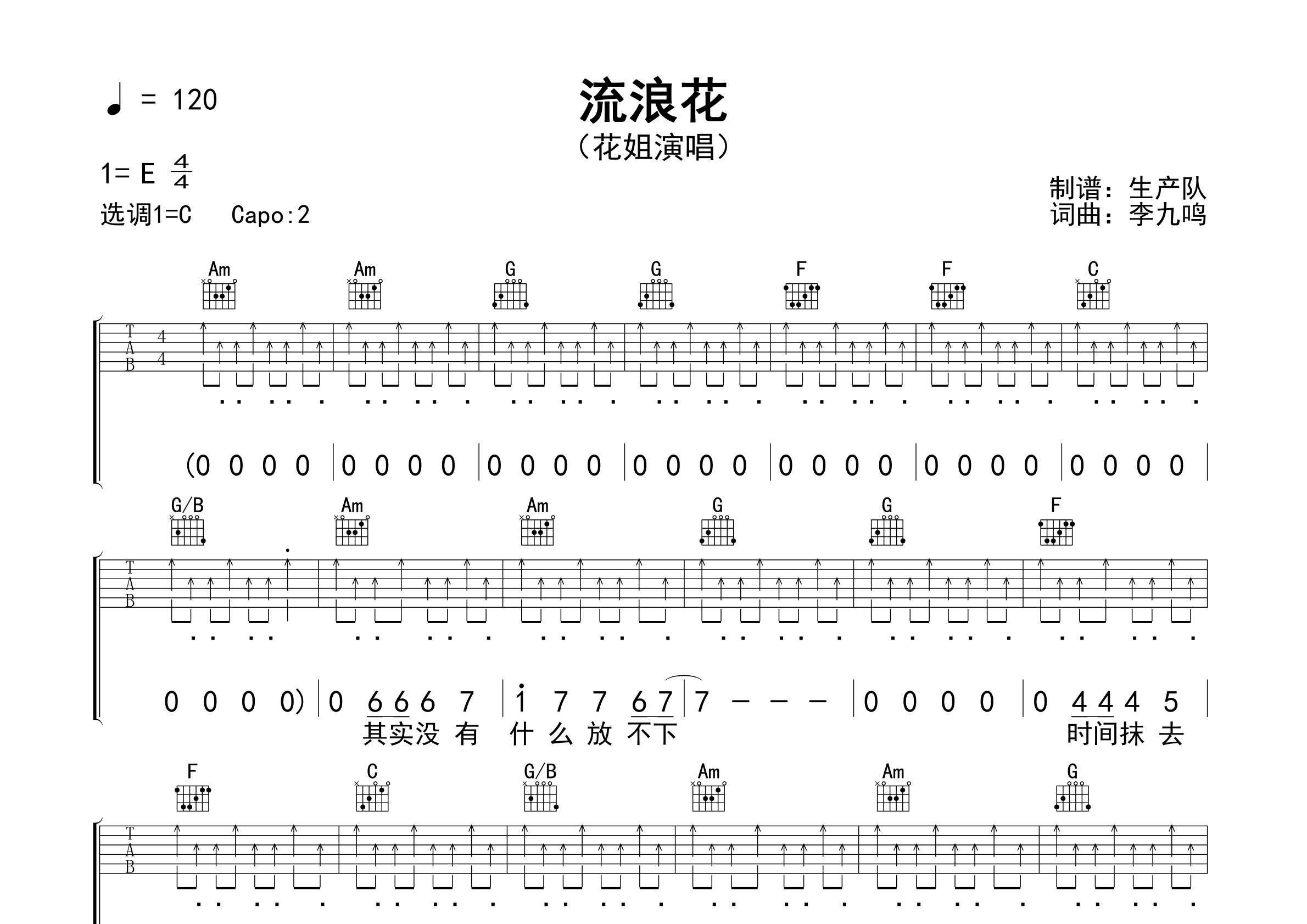 流浪花吉他谱_花姐_C调弹唱六线谱_生产队上传
