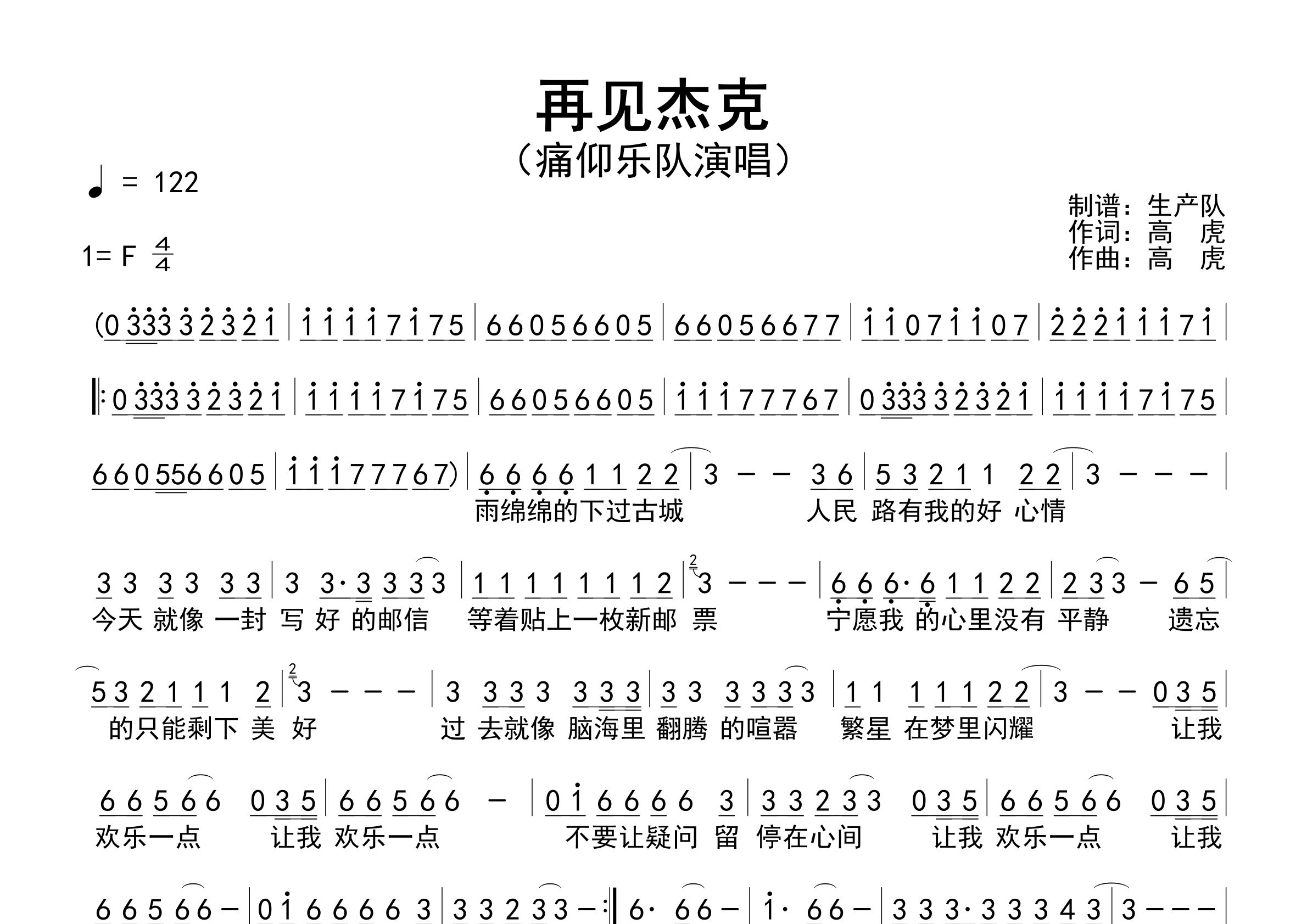 再见杰克简谱_痛仰乐队_歌曲旋律简谱_生产队上传