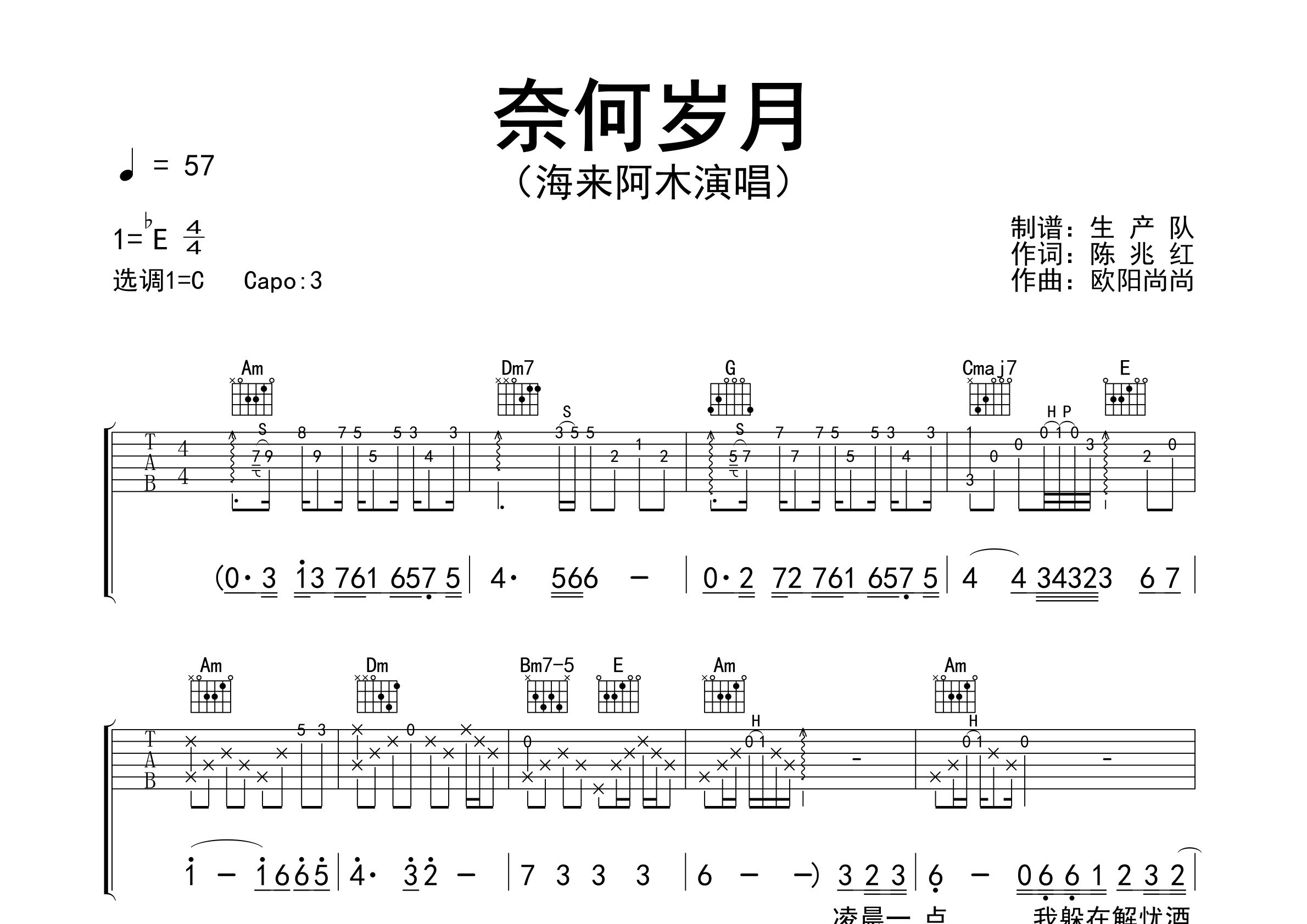 奈何岁月吉他谱_海来阿木_C调弹唱六线谱_生产队上传