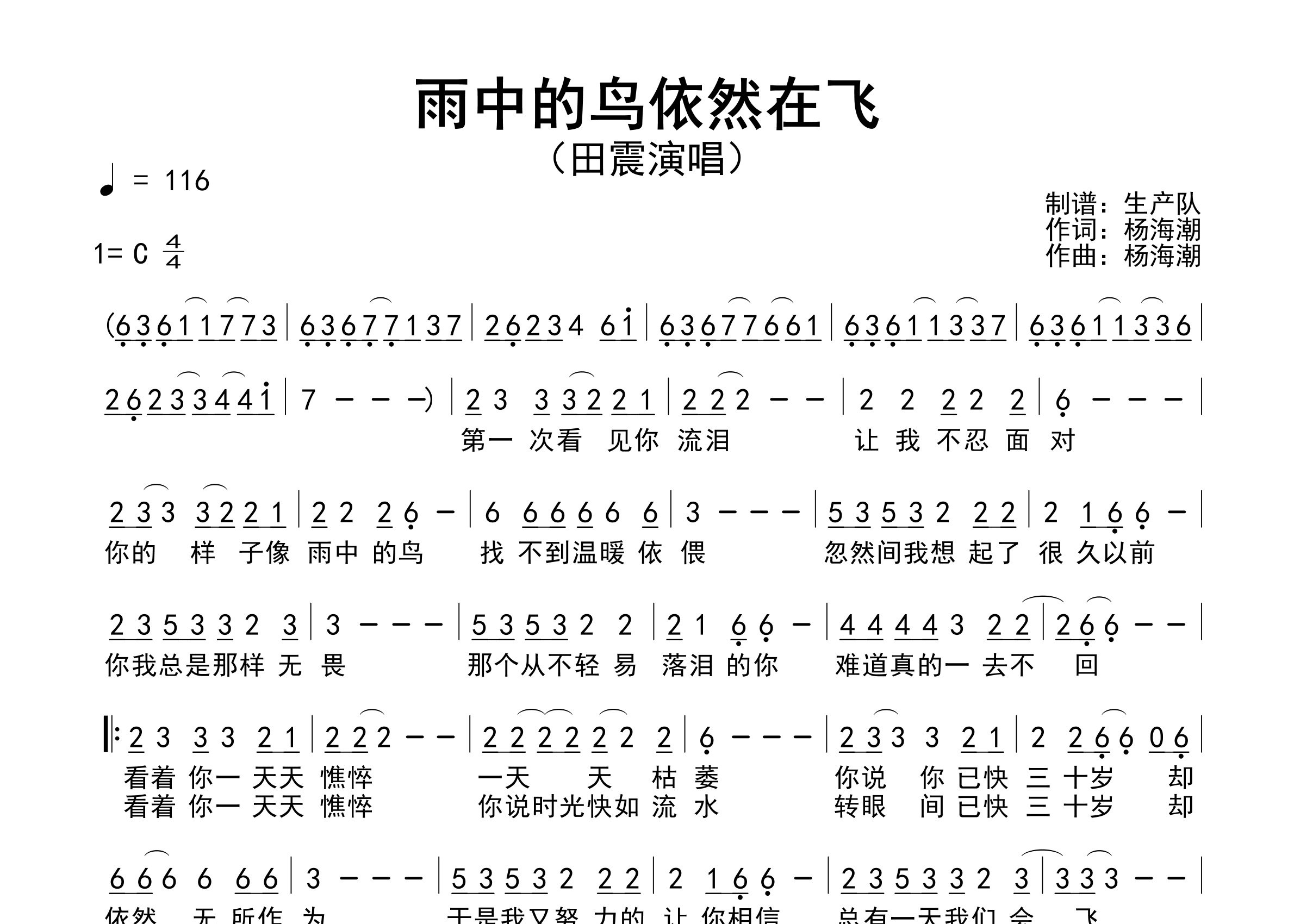 雨中的鸟依然在飞简谱_田震_歌曲简谱_生产队上传