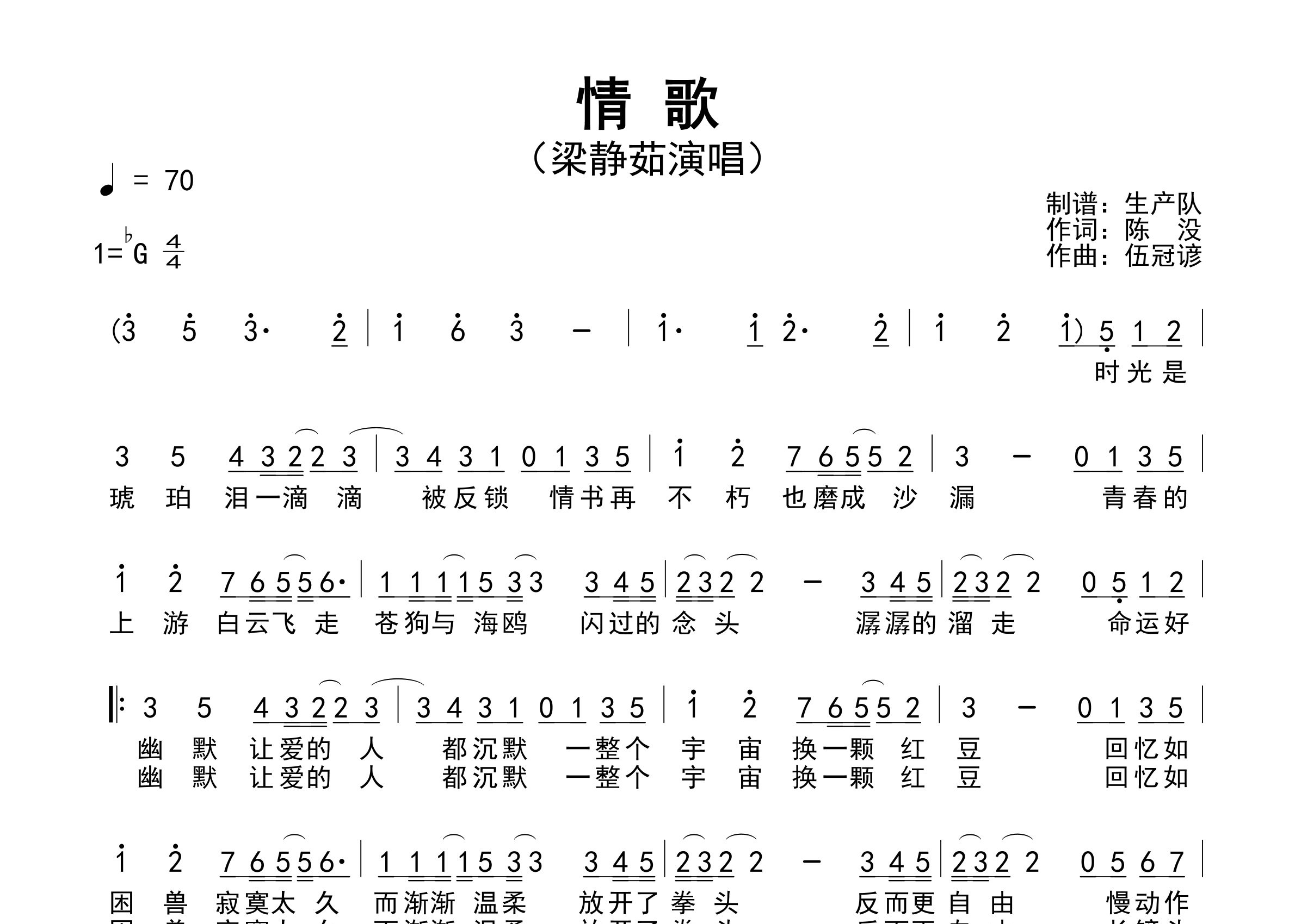 情歌简谱_梁静茹_情歌歌曲旋律简谱_生产队上传