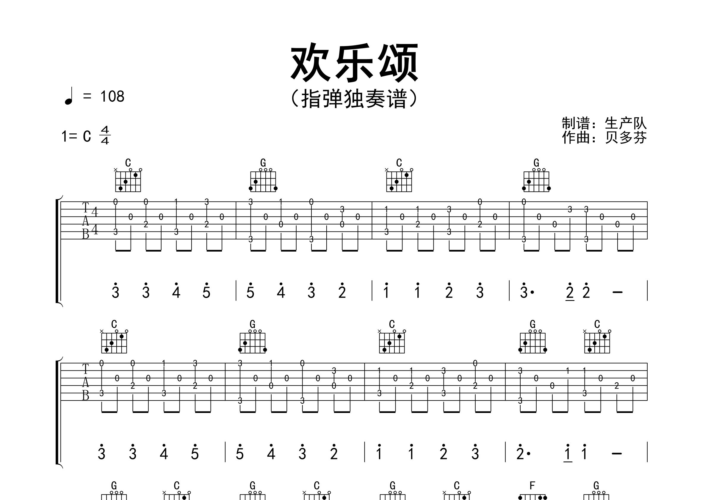 欢乐颂指弹吉他谱_贝多芬_独奏六线谱_生产队上传