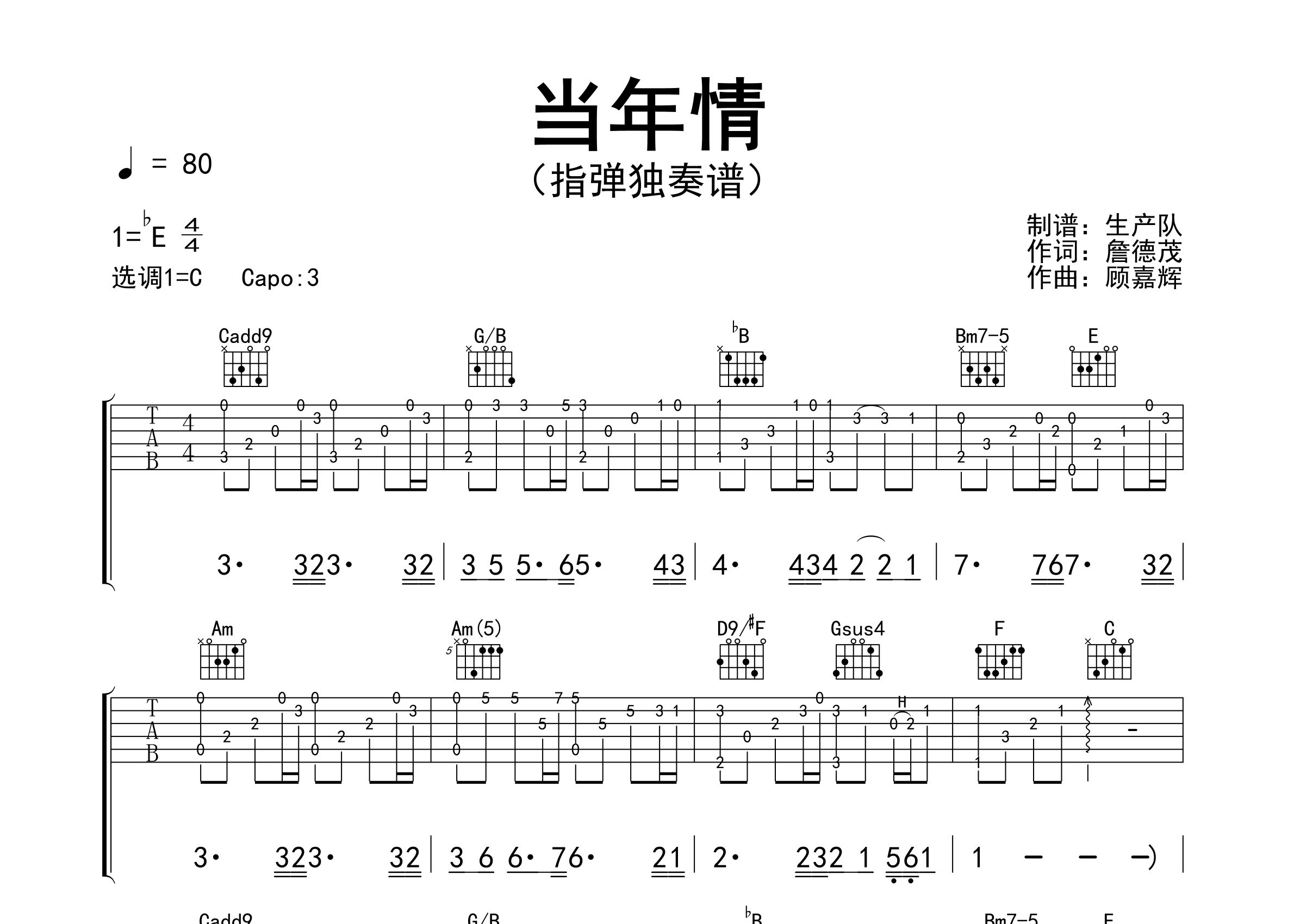 当年情指弹吉他谱_张国荣_独奏六线谱_生产队上传