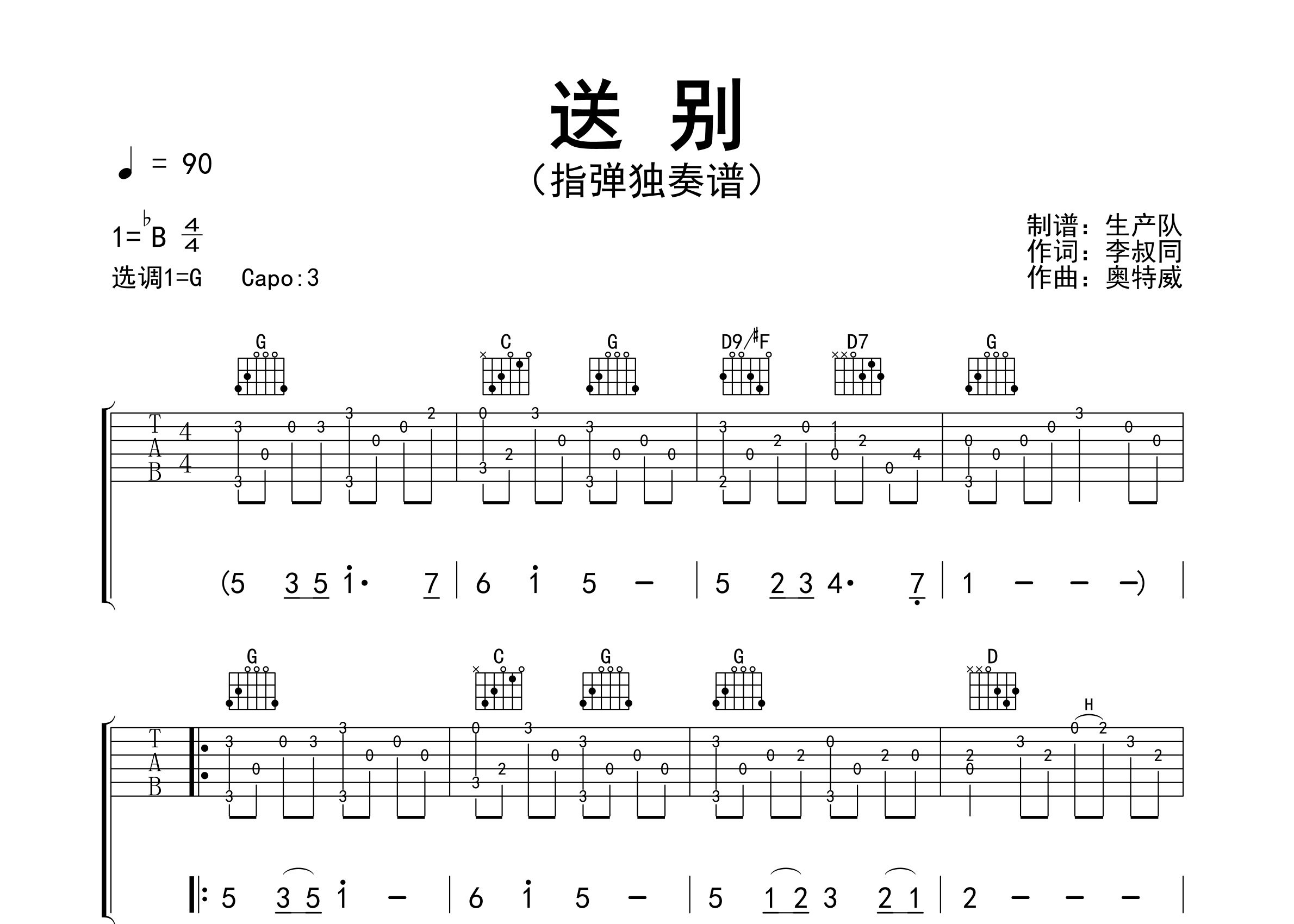 送别指弹吉他谱_朴树_独奏六线谱_生产队上传