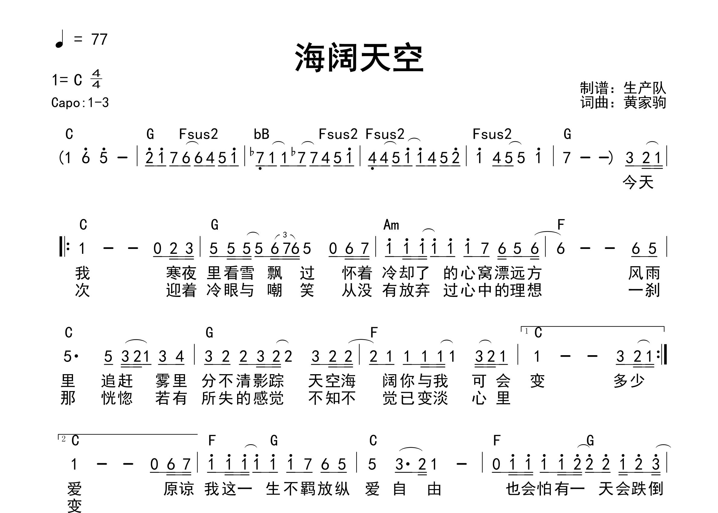 海阔天空吉他谱_Beyond_C调和弦弹唱谱_生产队上传