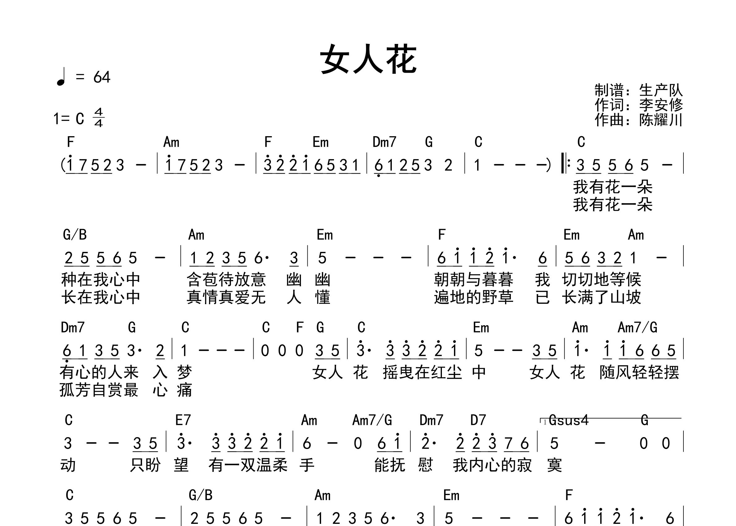 女人花吉他谱_梅艳芳_C调和弦弹唱谱_生产队上传