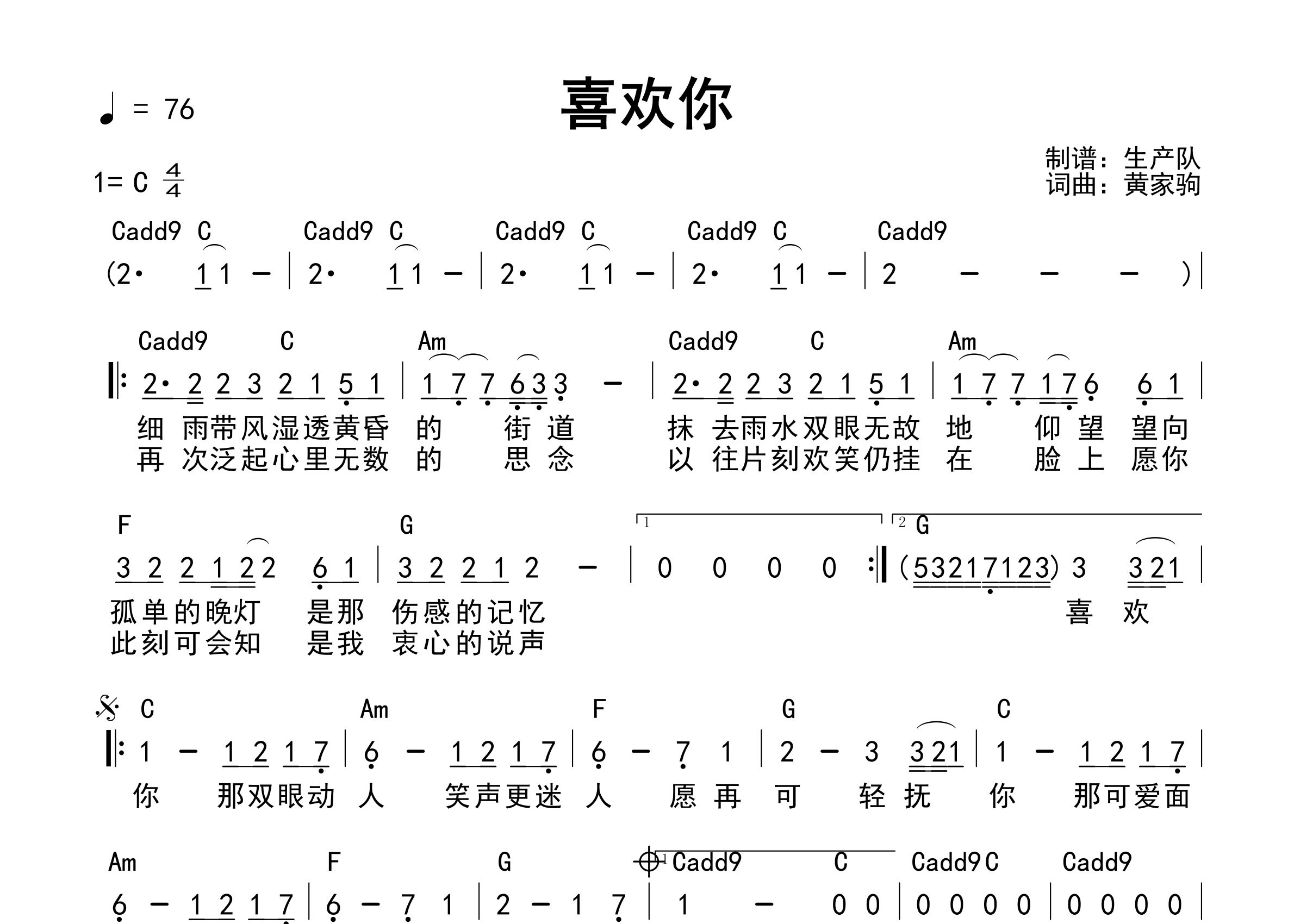 喜欢你吉他谱_Beyond_C调和弦弹唱谱_生产队上传