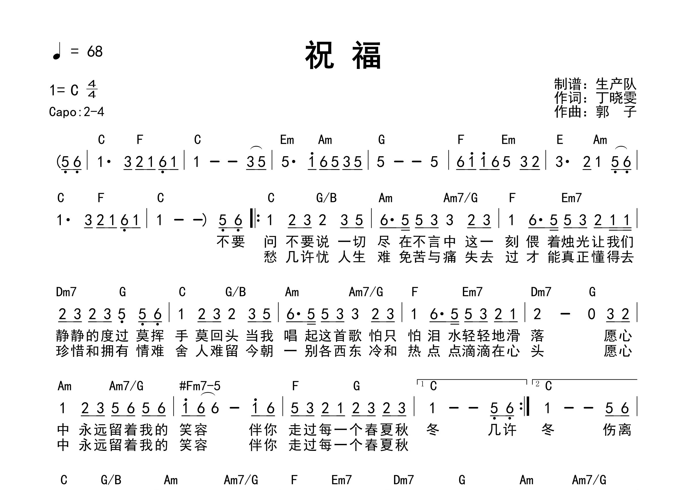 祝福吉他谱_张学友_C调和弦弹唱谱_生产队上传