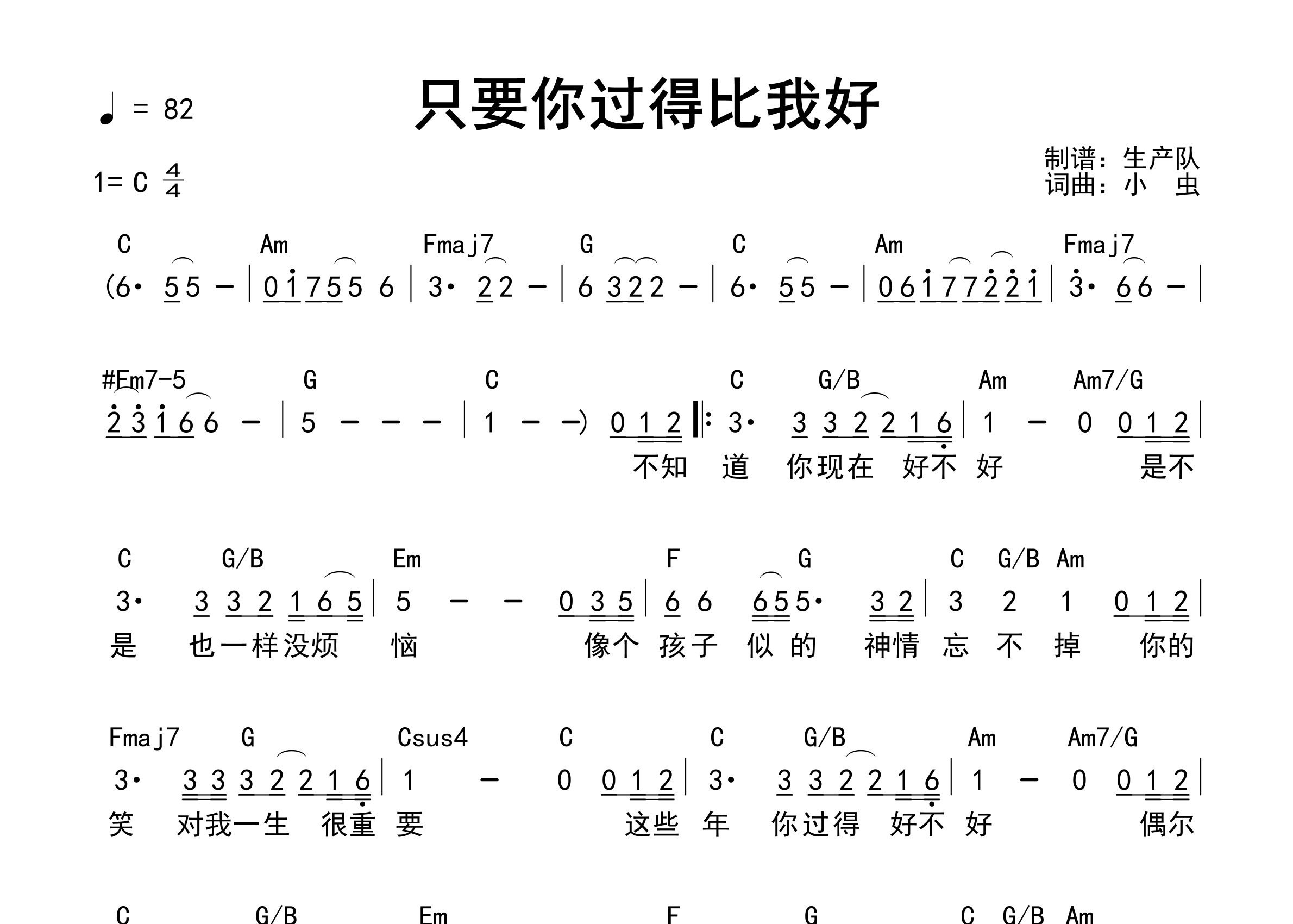 只要你过得比我好吉他谱_钟镇涛_C调和弦弹唱谱_生产队上传