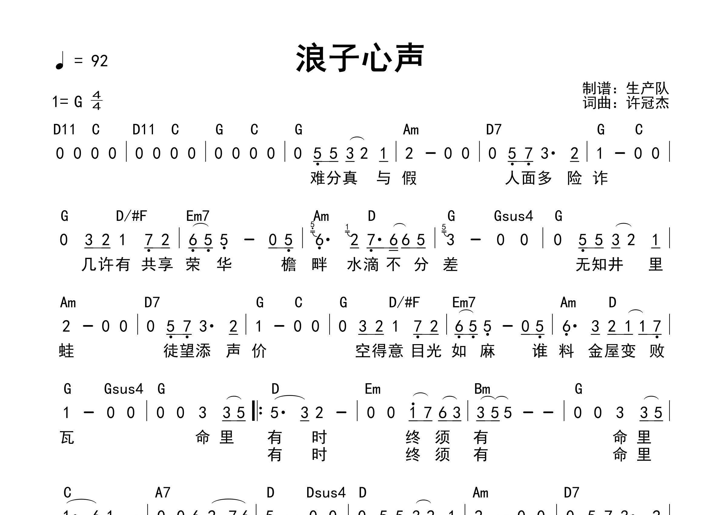 浪子心声吉他谱_许冠杰_G调和弦弹唱谱_生产队上传