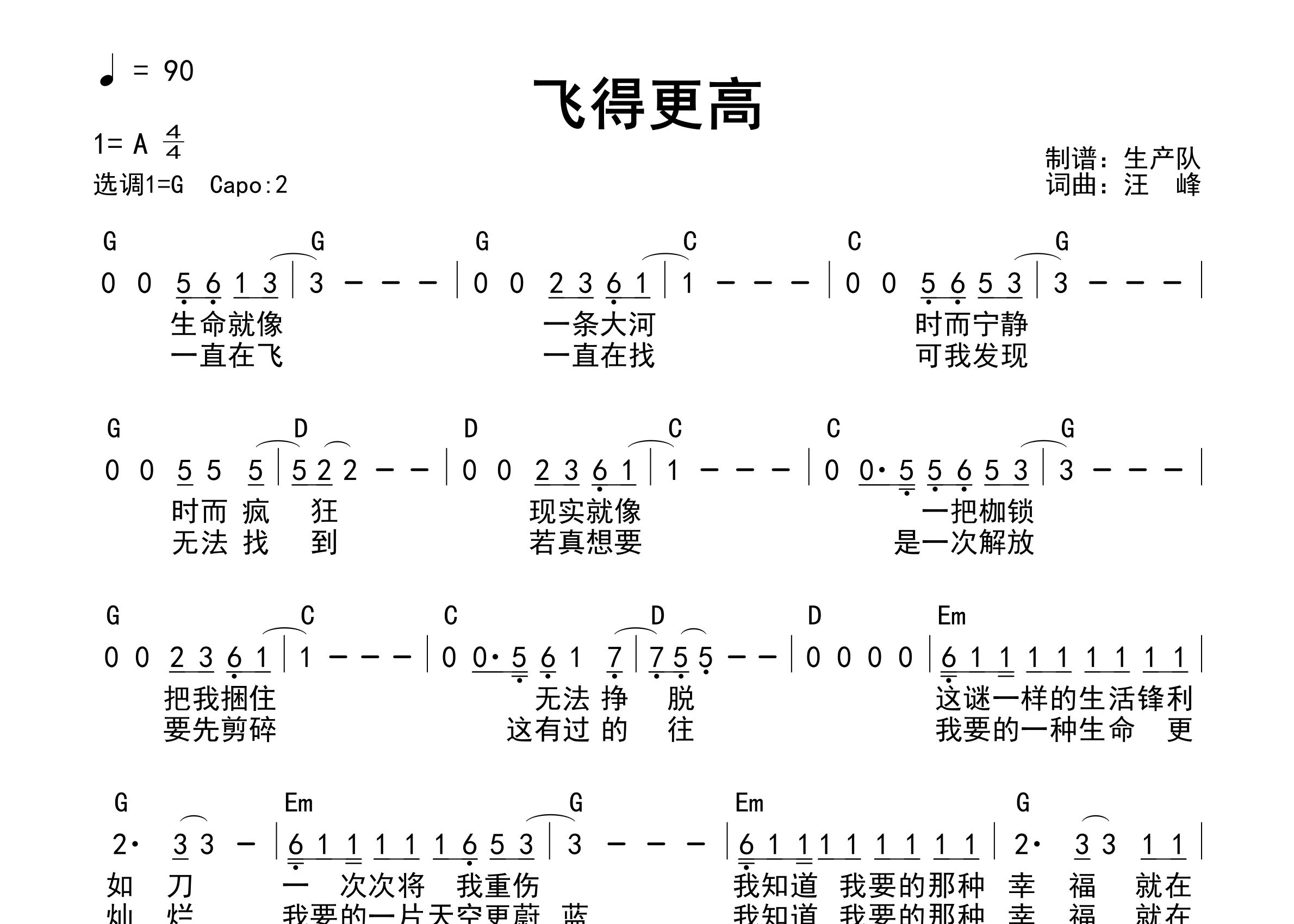 飞得更高吉他谱_汪峰_G调和弦弹唱谱_生产队上传