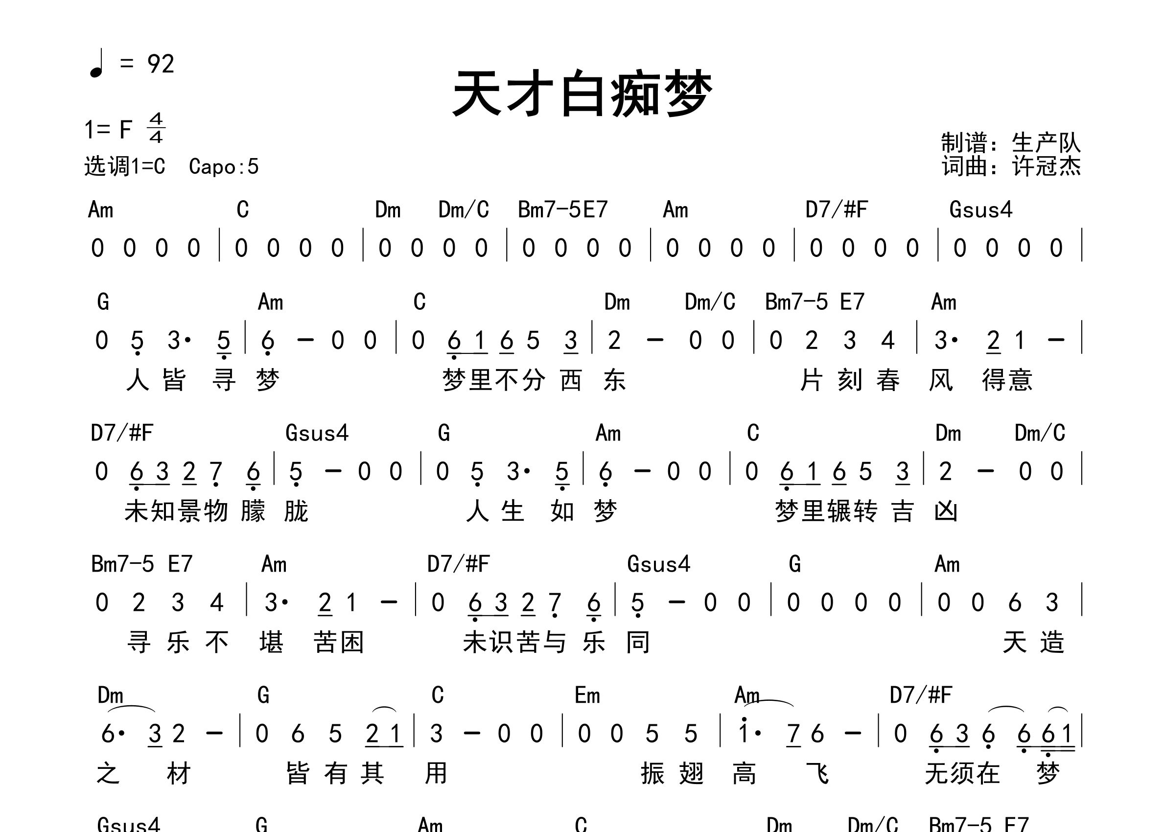 天才白痴梦吉他谱_许冠杰_C调和弦弹唱谱_生产队上传