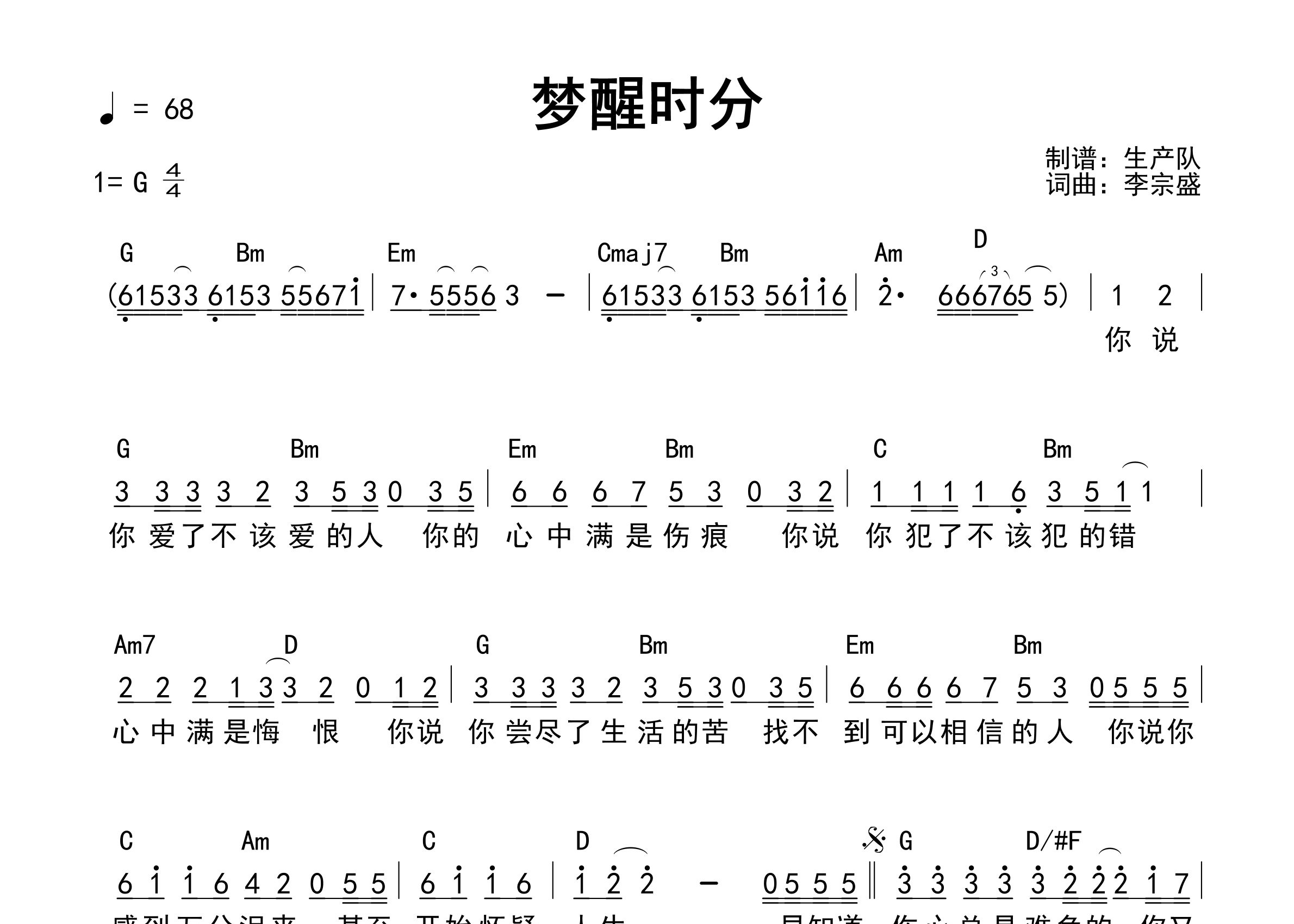 梦醒时分吉他谱_陈淑桦_G调和弦弹唱谱_生产队上传