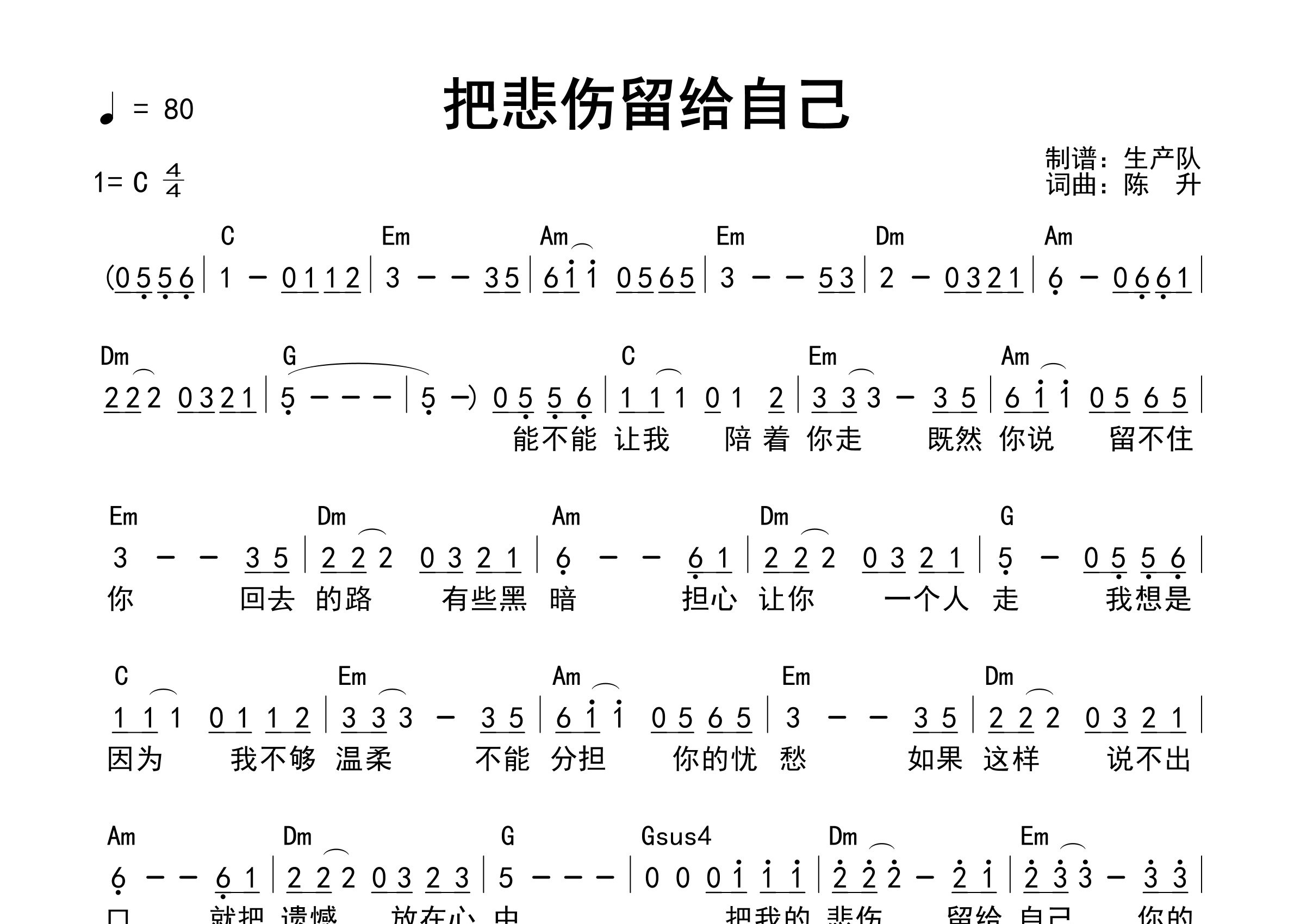 把悲伤留给自己吉他谱_陈升_C调和弦弹唱谱_生产队上传
