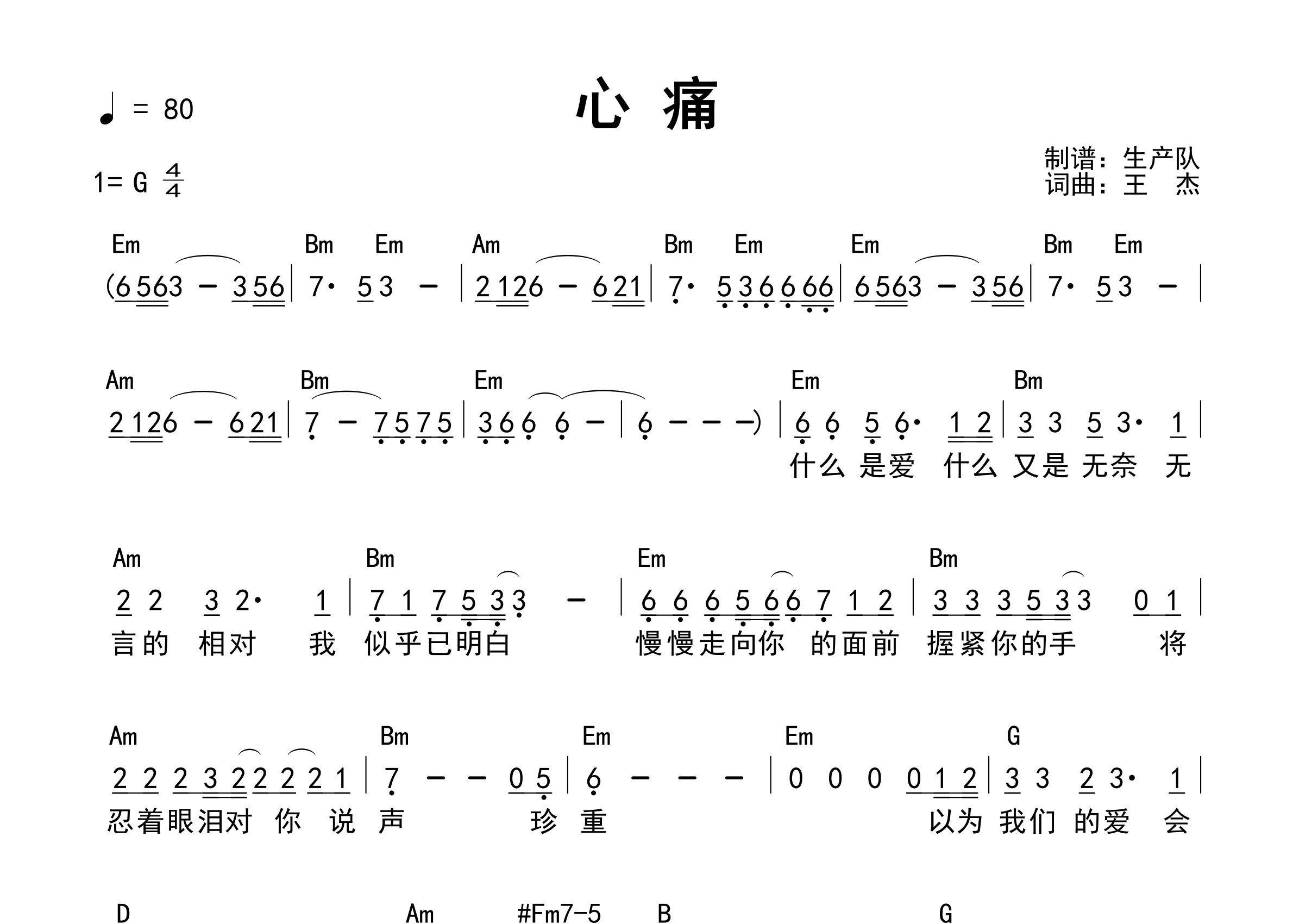 心痛吉他谱_王杰_G调和弦弹唱谱_生产队上传